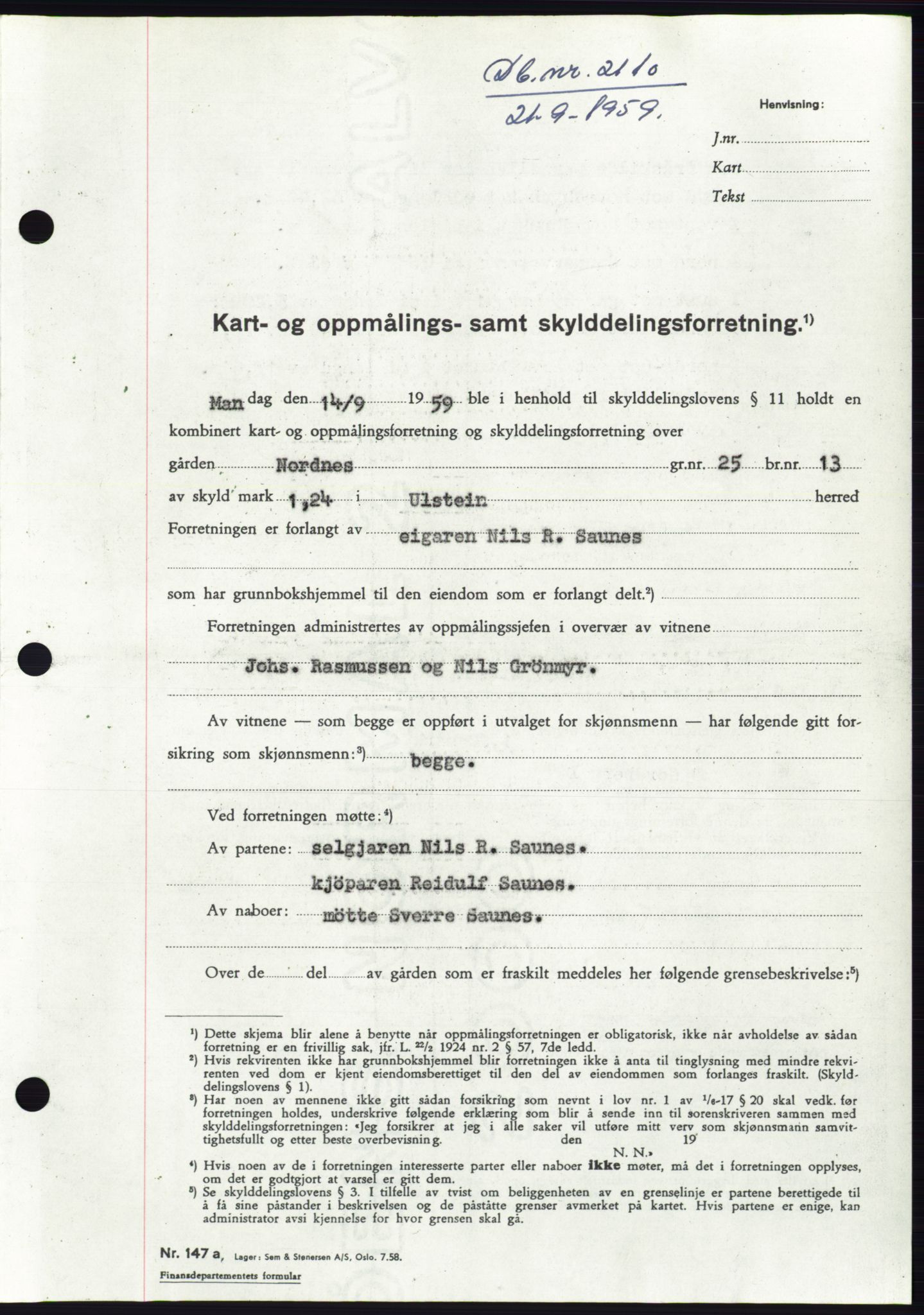 Søre Sunnmøre sorenskriveri, SAT/A-4122/1/2/2C/L0113: Pantebok nr. 39A, 1959-1959, Dagboknr: 2110/1959