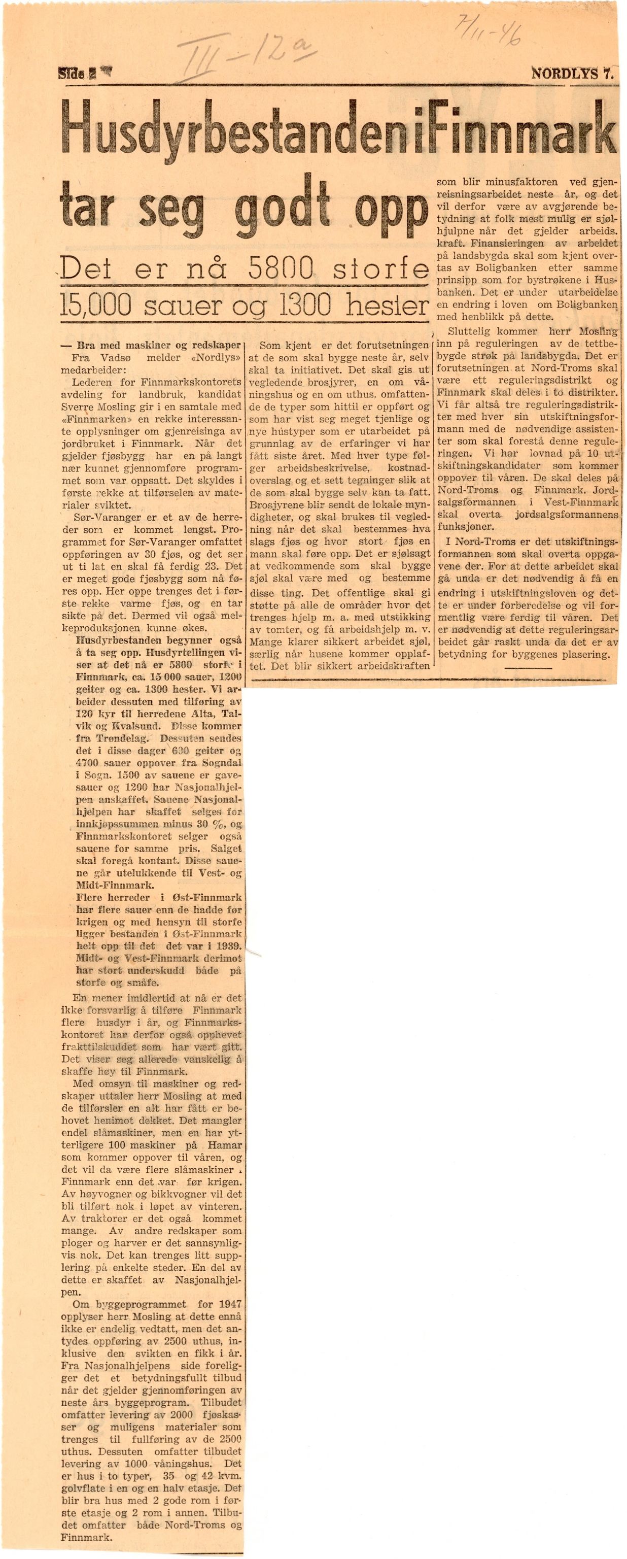 Finnmarkskontorets presse- og opplysningsarkiv , FMFB/A-1198/E/L0005/0012: 3. Gjenreinisng / Husdyrhold