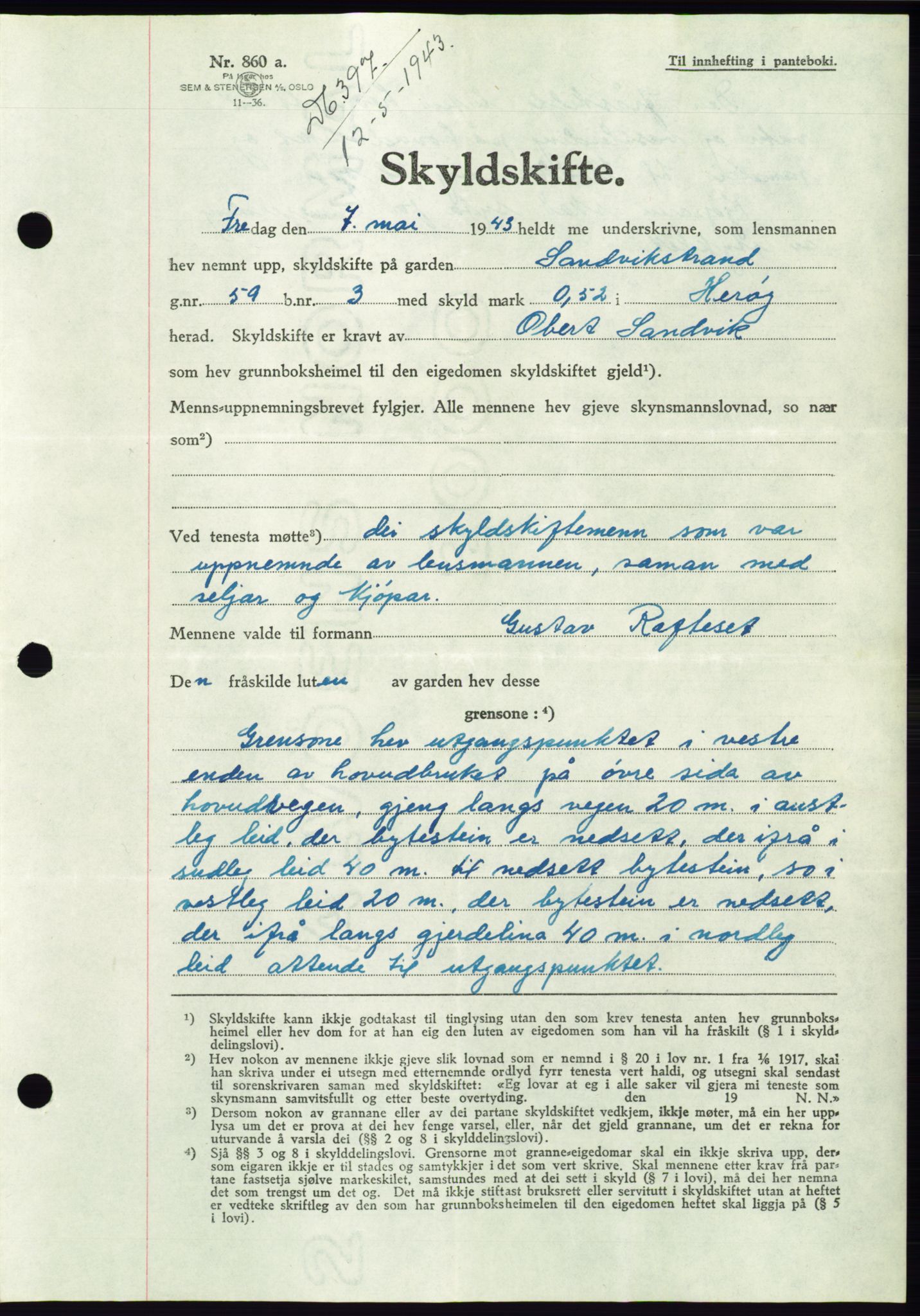 Søre Sunnmøre sorenskriveri, AV/SAT-A-4122/1/2/2C/L0075: Pantebok nr. 1A, 1943-1943, Dagboknr: 397/1943