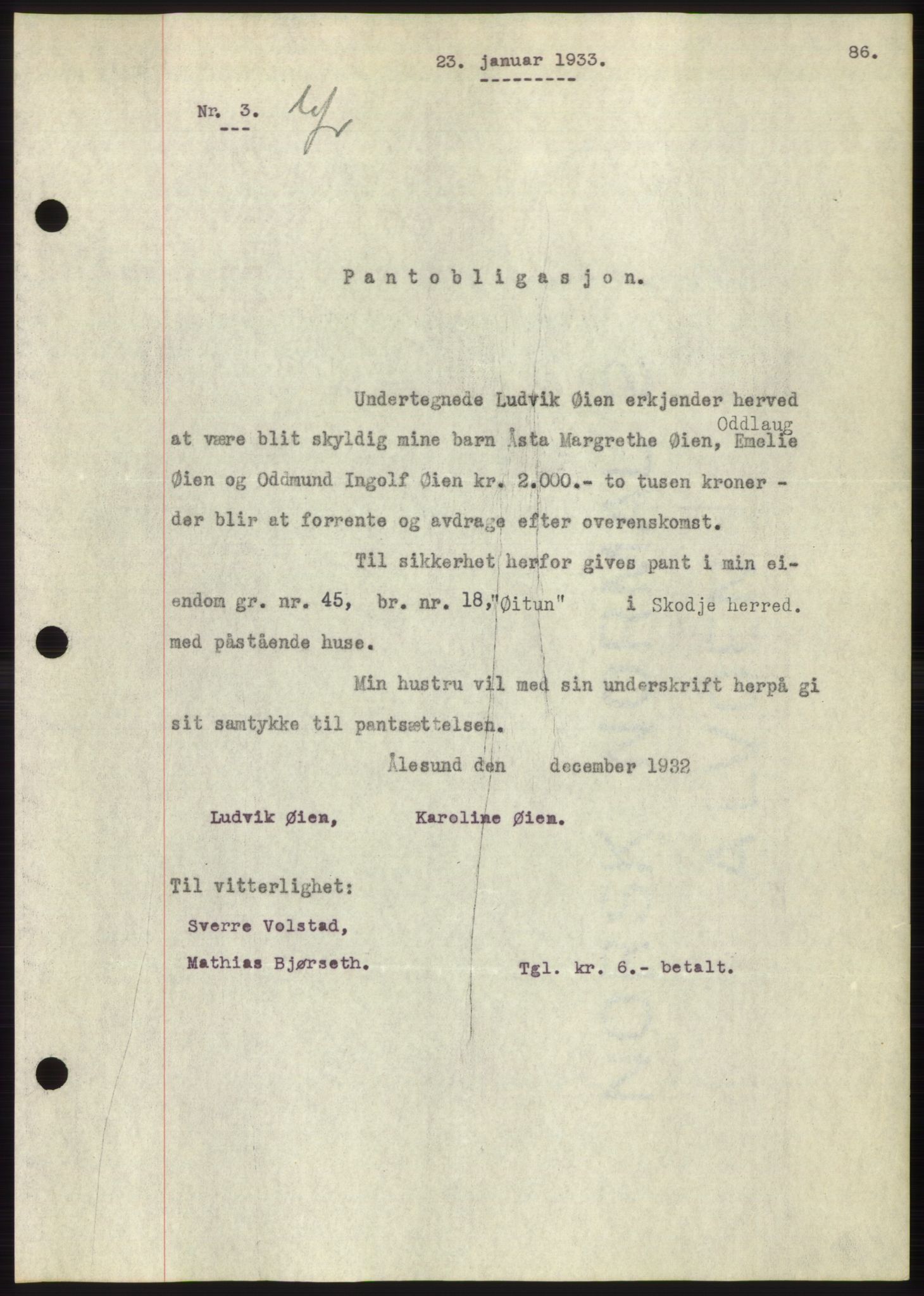 Nordre Sunnmøre sorenskriveri, AV/SAT-A-0006/1/2/2C/2Ca/L0052: Pantebok nr. 52, 1933-1933, Tingl.dato: 23.01.1933