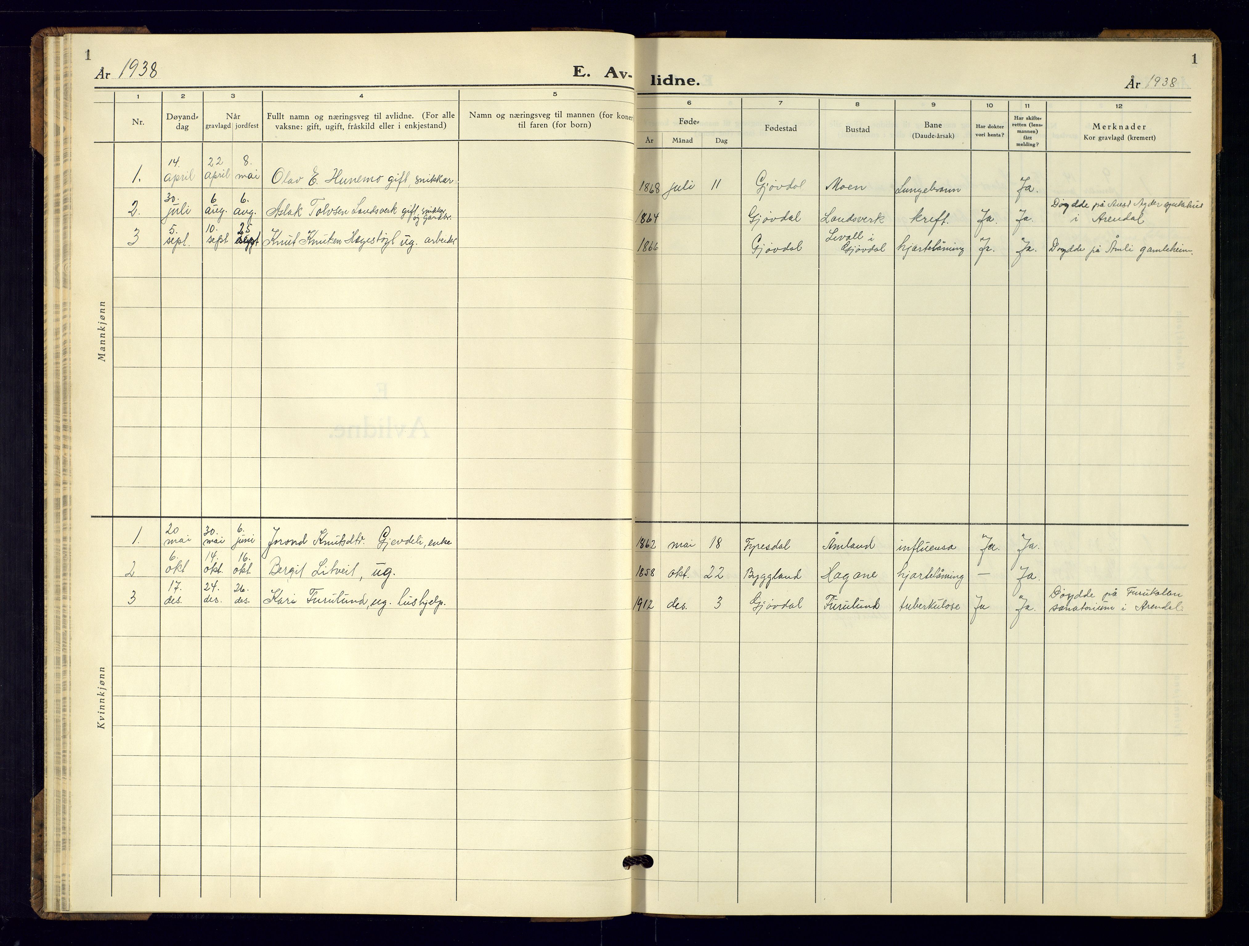 Åmli sokneprestkontor, SAK/1111-0050/F/Fb/Fba/L0004: Klokkerbok nr. B-4, 1938-1974, s. 1