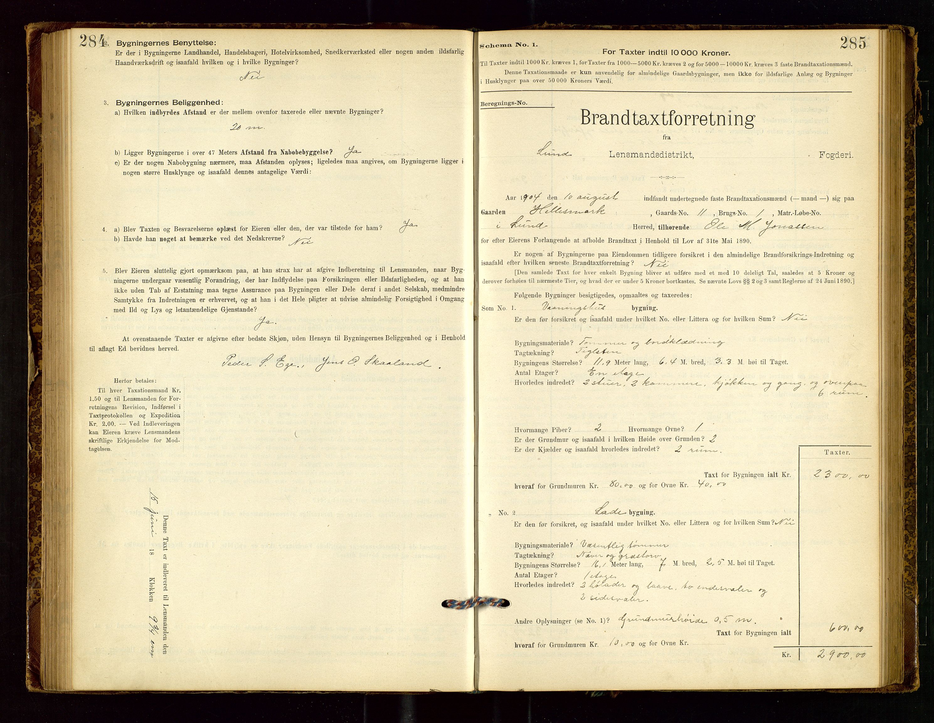 Lund lensmannskontor, SAST/A-100303/Gob/L0001: "Brandtakstprotokol", 1894-1907, s. 284-285