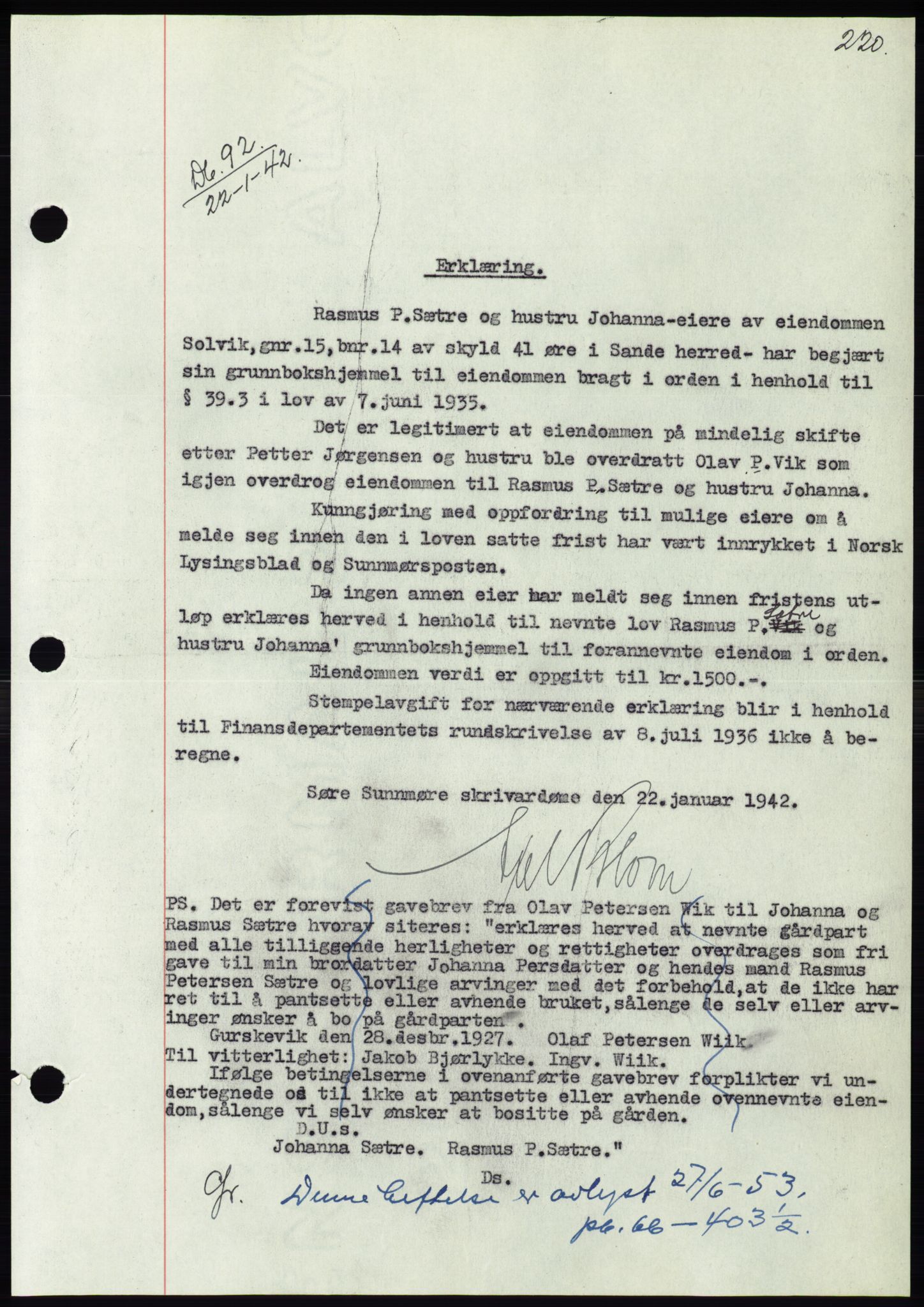 Søre Sunnmøre sorenskriveri, SAT/A-4122/1/2/2C/L0073: Pantebok nr. 67, 1941-1942, Dagboknr: 92/1942