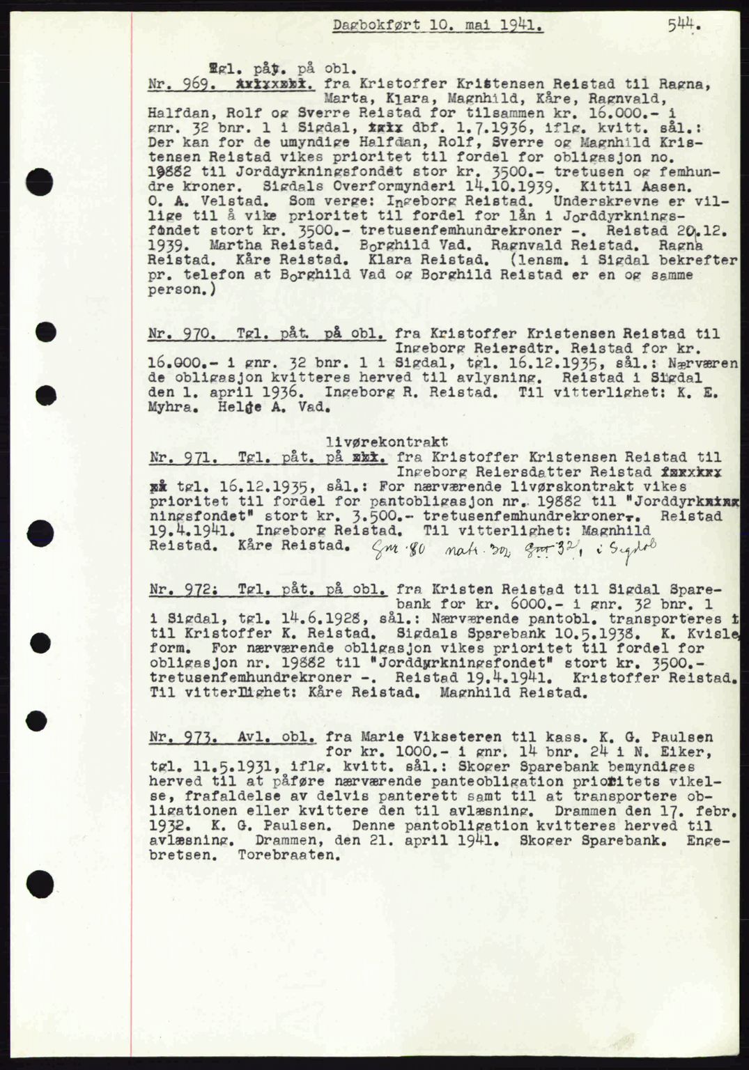 Eiker, Modum og Sigdal sorenskriveri, SAKO/A-123/G/Ga/Gab/L0043: Pantebok nr. A13, 1940-1941, Dagboknr: 969/1941