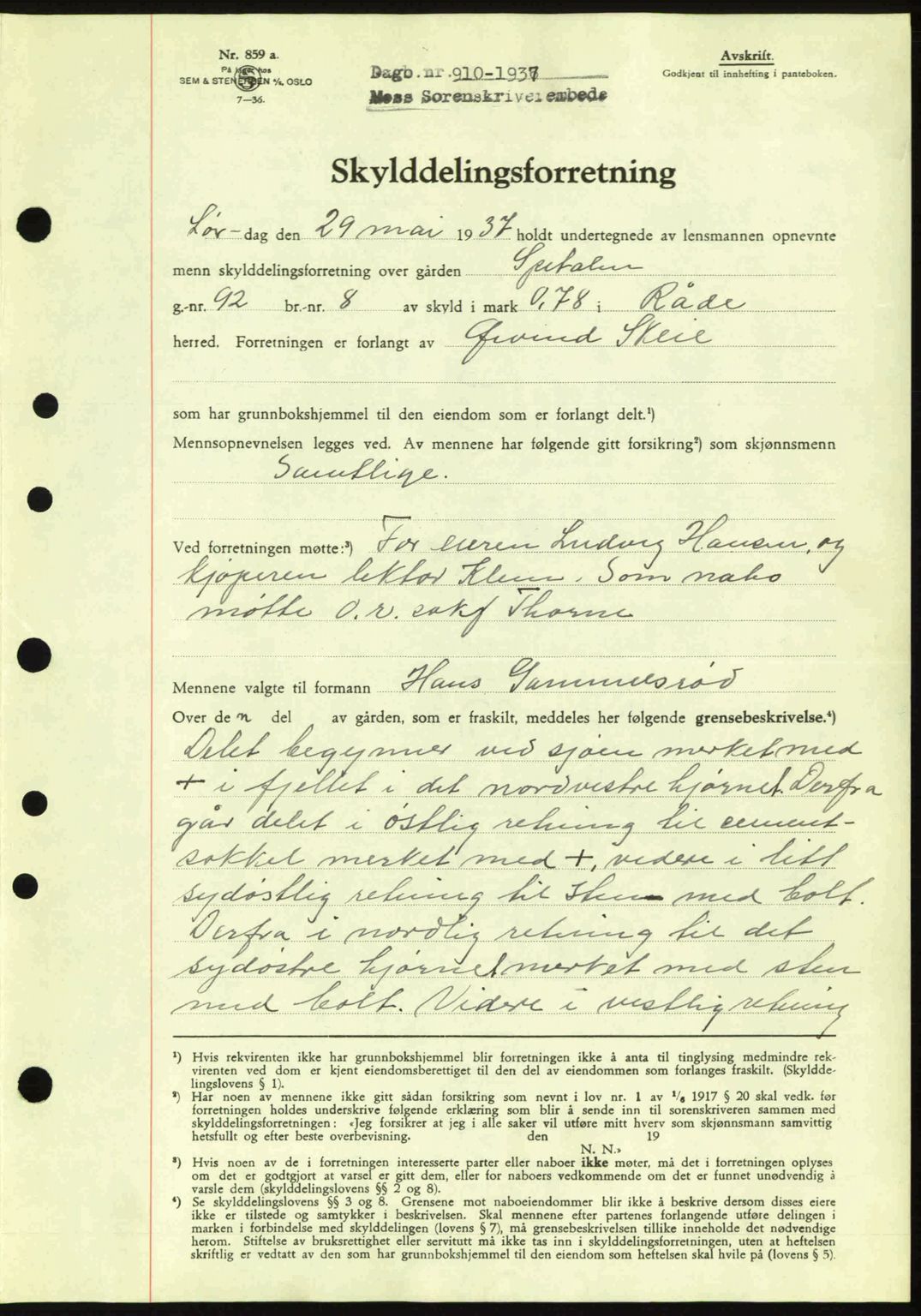 Moss sorenskriveri, SAO/A-10168: Pantebok nr. A3, 1937-1938, Dagboknr: 910/1937