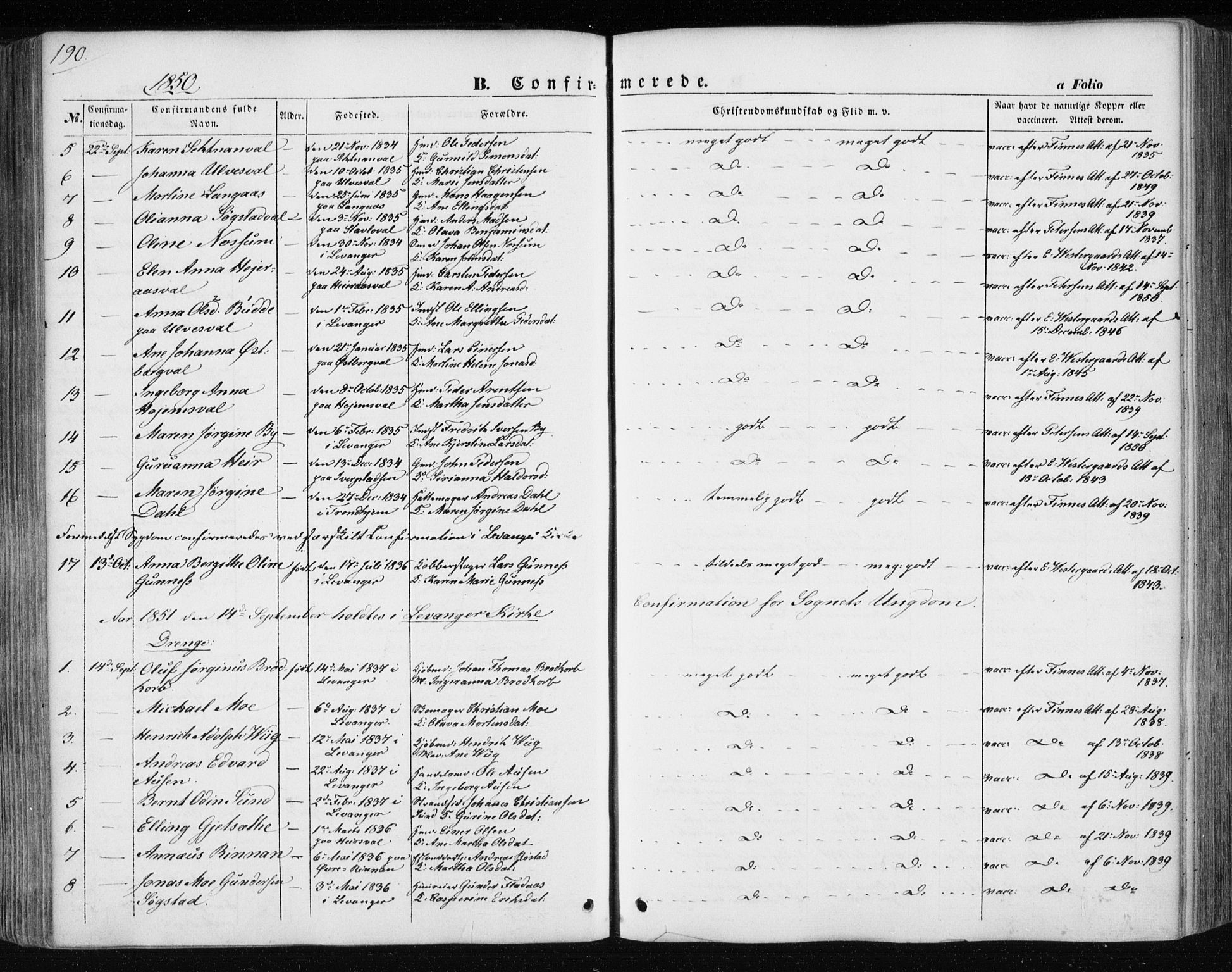 Ministerialprotokoller, klokkerbøker og fødselsregistre - Nord-Trøndelag, SAT/A-1458/717/L0154: Ministerialbok nr. 717A07 /1, 1850-1862, s. 190