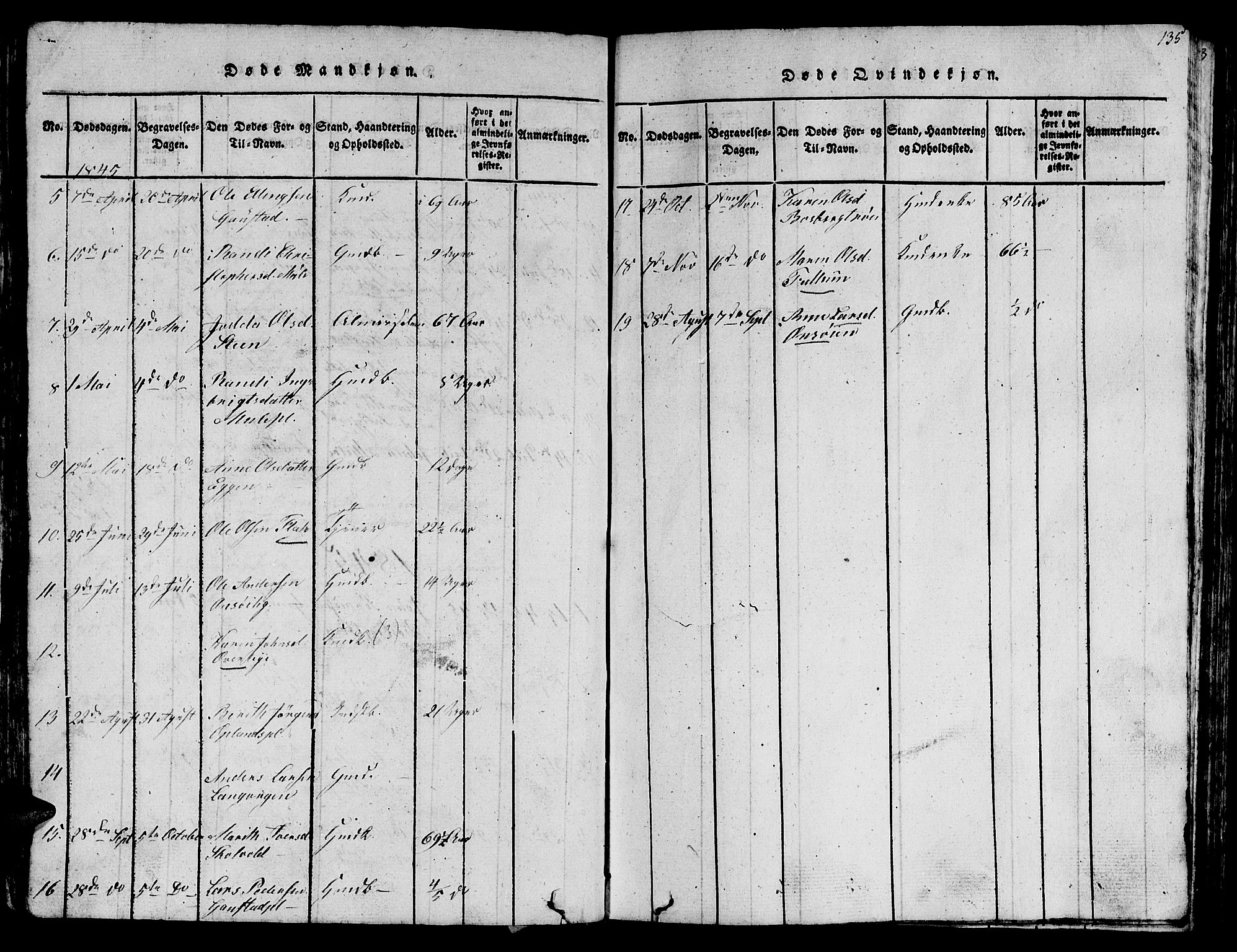Ministerialprotokoller, klokkerbøker og fødselsregistre - Sør-Trøndelag, AV/SAT-A-1456/612/L0385: Klokkerbok nr. 612C01, 1816-1845, s. 135