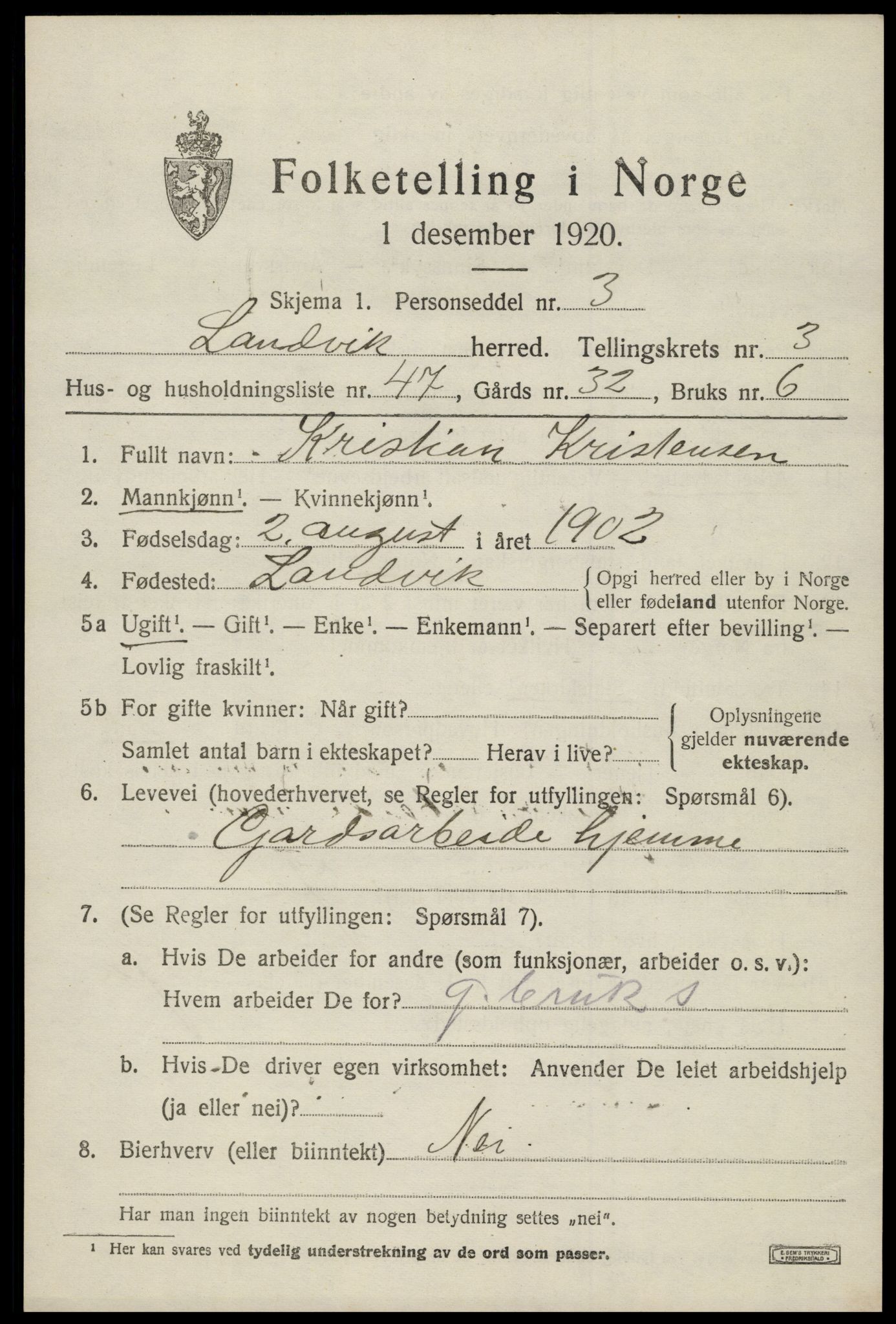 SAK, Folketelling 1920 for 0924 Landvik herred, 1920, s. 3346