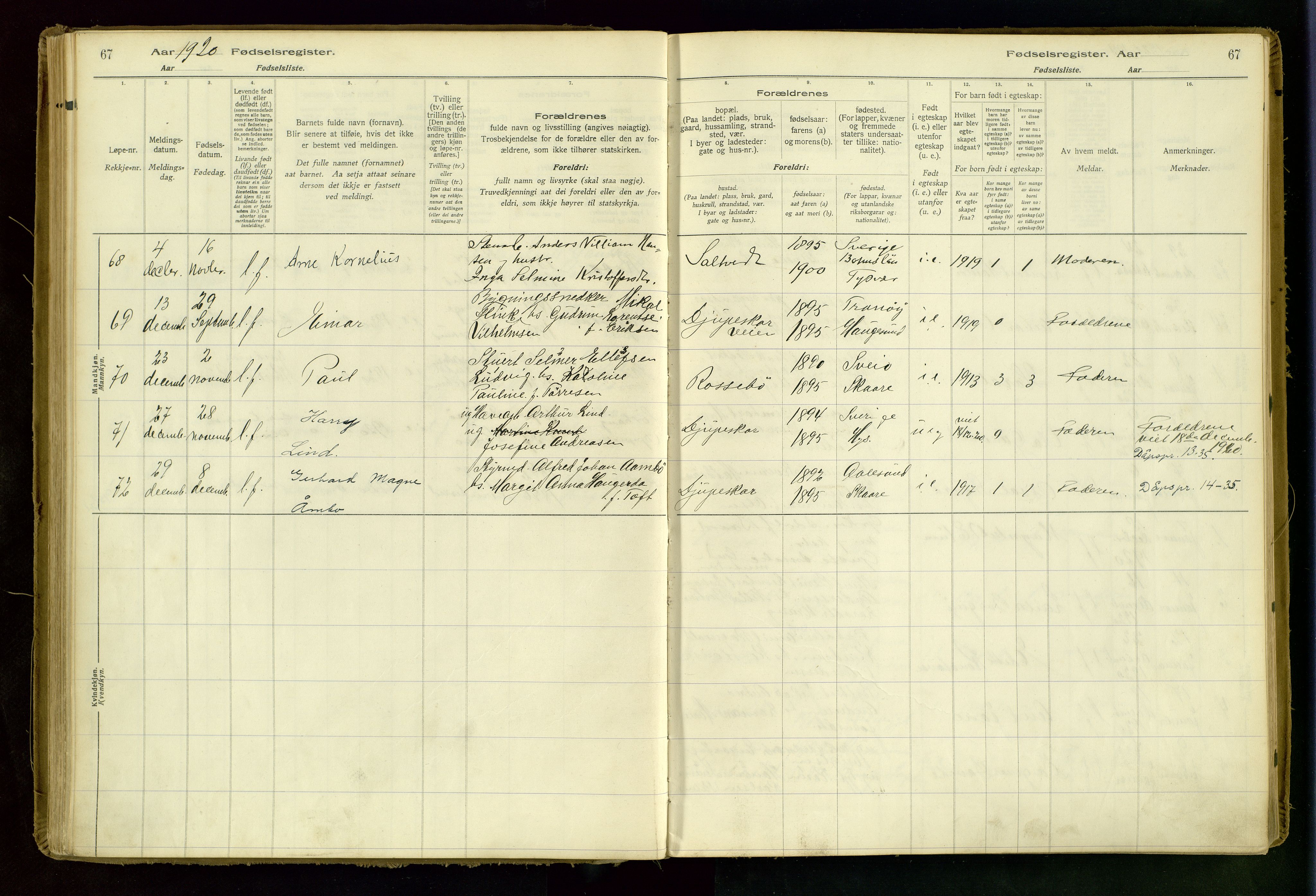 Haugesund sokneprestkontor, AV/SAST-A -101863/I/Id/L0001: Fødselsregister nr. 1, 1916-1935, s. 67