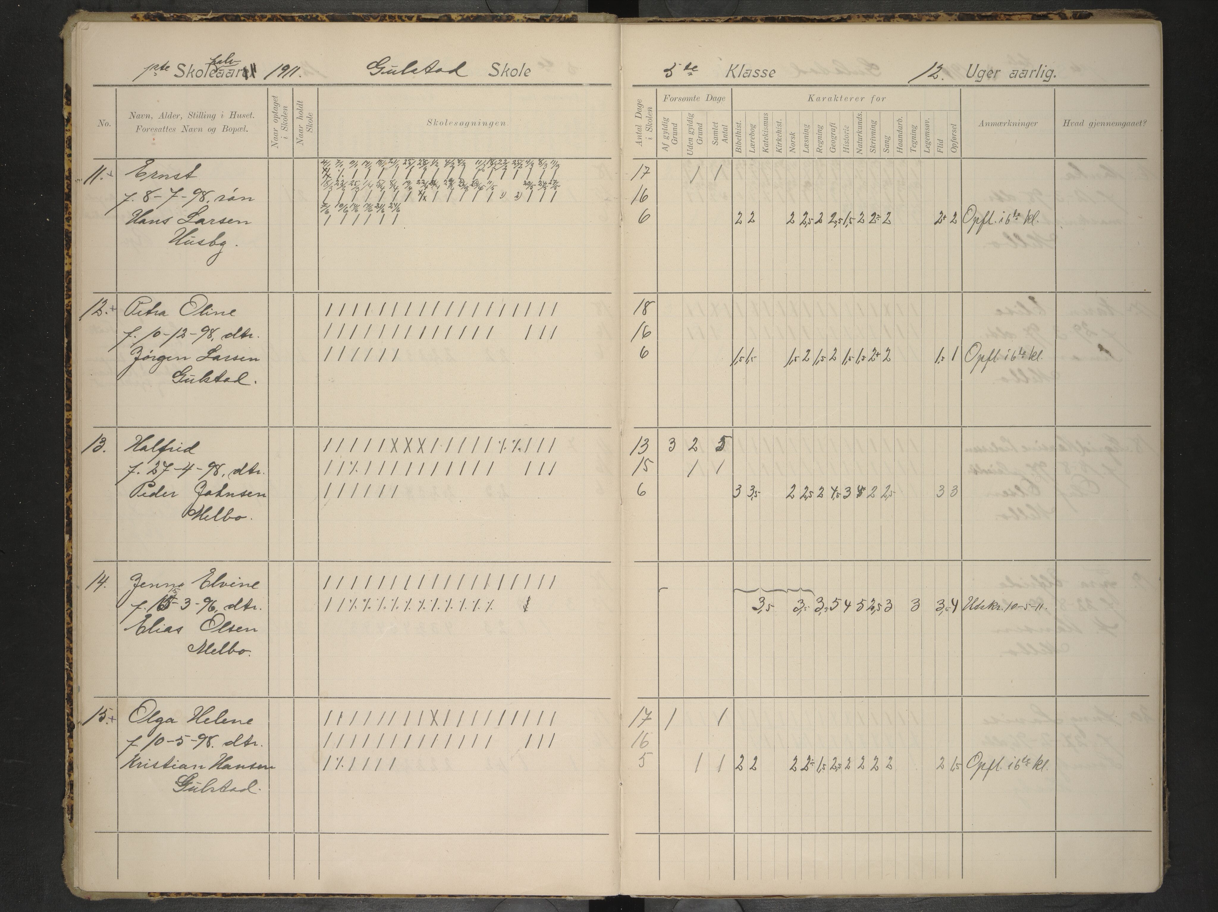 Hadsel kommune. Gulstad skolekrets, AIN/K-18660.510.28/F/Fa/L0002: Skoleprotokoll for Gulstad skole, 1911-1917