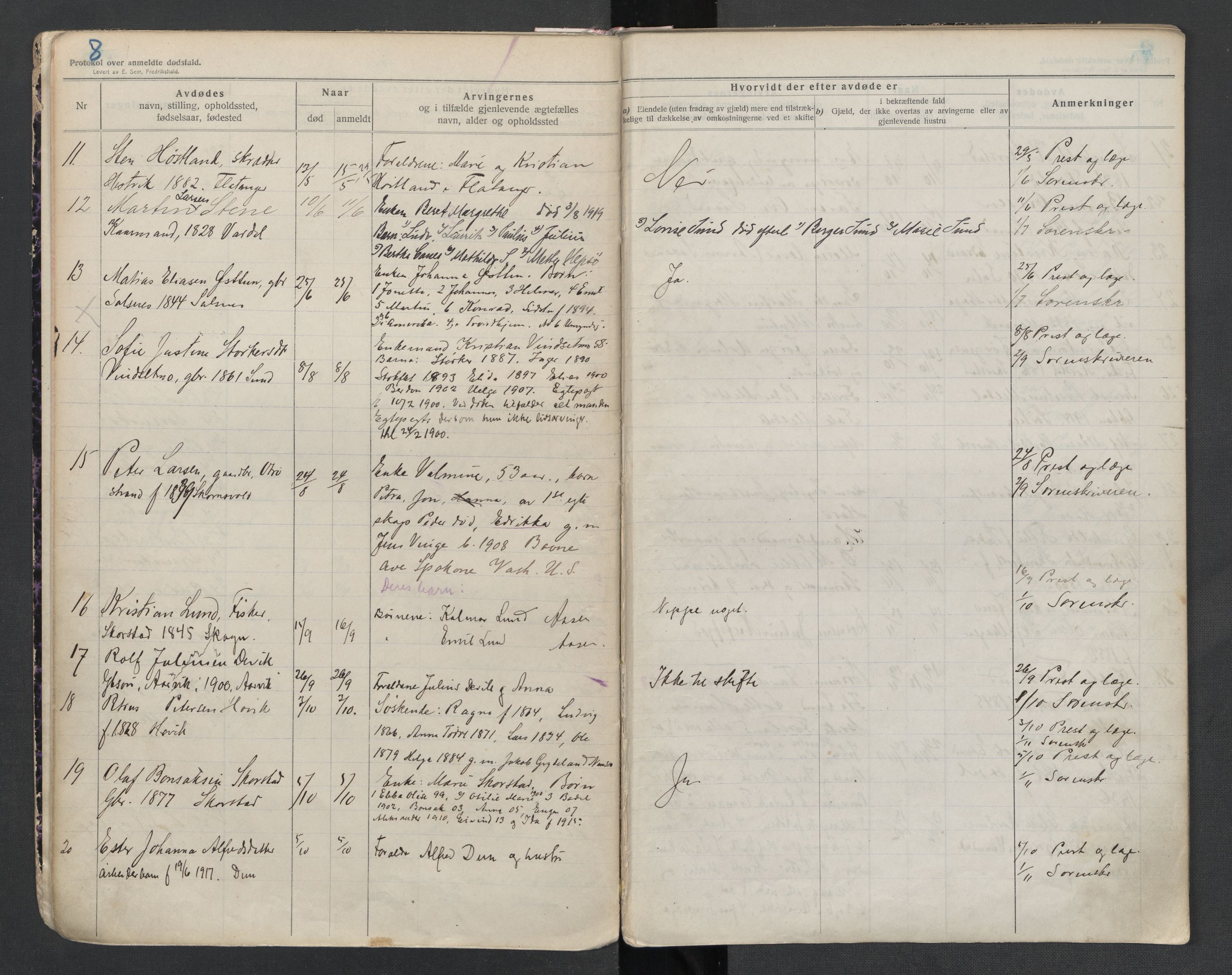 Fosnes lensmannskontor , AV/SAT-A-1022/1/02/L0003: 2.01.03 Dødsfallsprotokoll for Fosnes lensmannsdistrikt, 1916-1930, s. 8