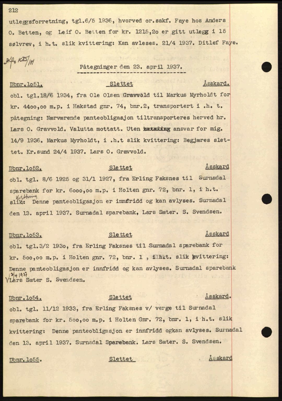 Nordmøre sorenskriveri, SAT/A-4132/1/2/2Ca: Pantebok nr. C80, 1936-1939, Dagboknr: 1051/1937
