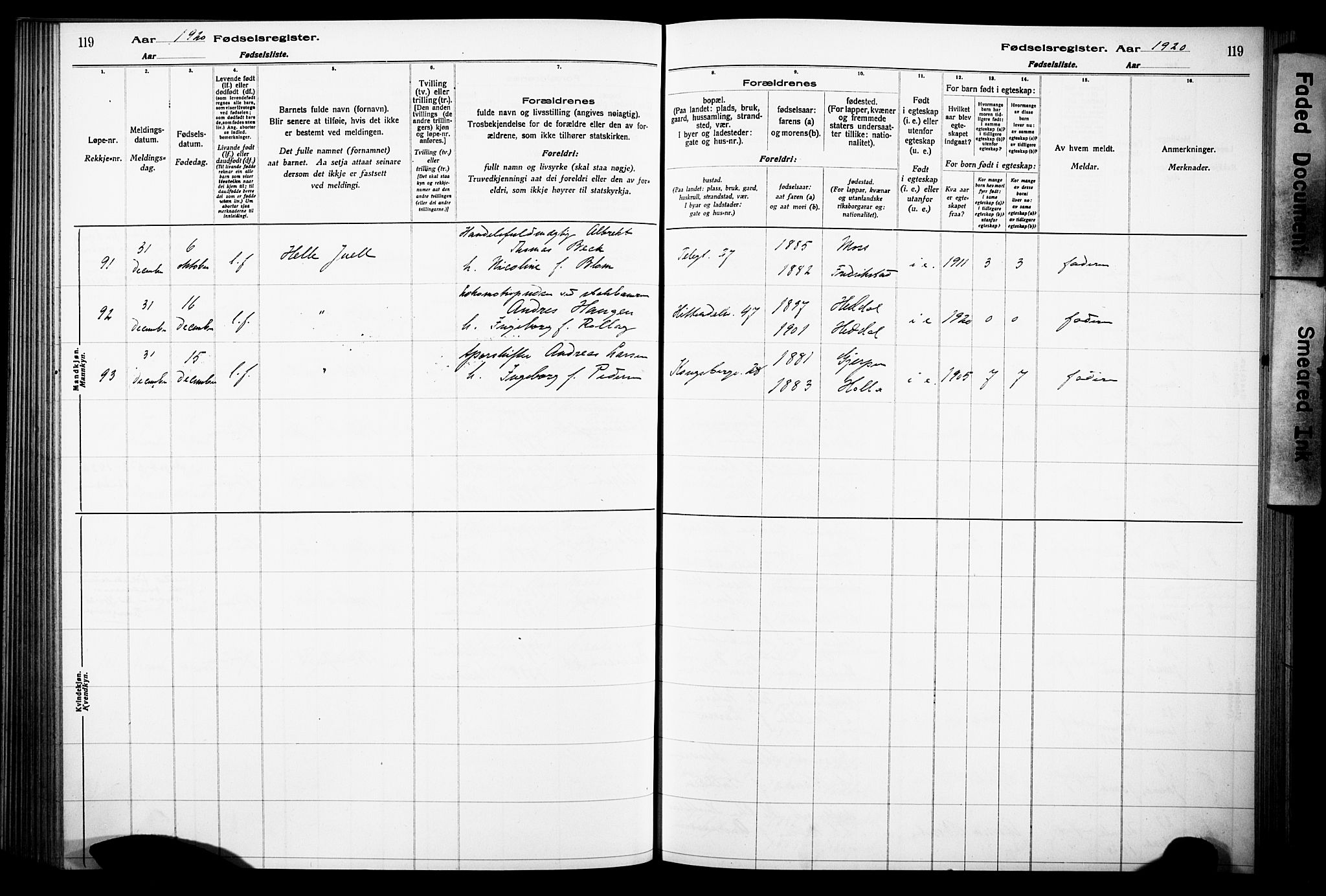 Notodden kirkebøker, AV/SAKO-A-290/J/Ja/L0001: Fødselsregister nr. 1, 1916-1924, s. 119
