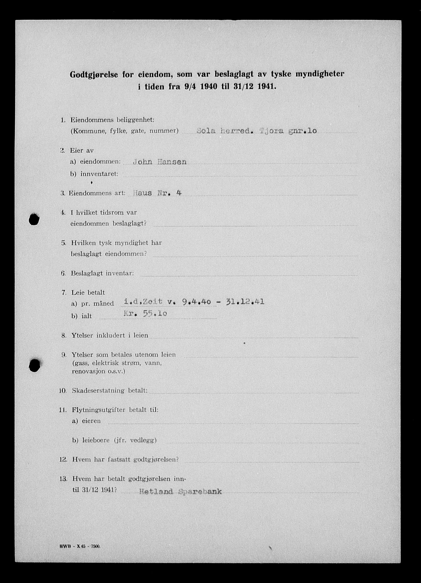 Justisdepartementet, Tilbakeføringskontoret for inndratte formuer, AV/RA-S-1564/I/L1014: Godtgjørelse for beslaglagt eiendom, 1940-1941, s. 304