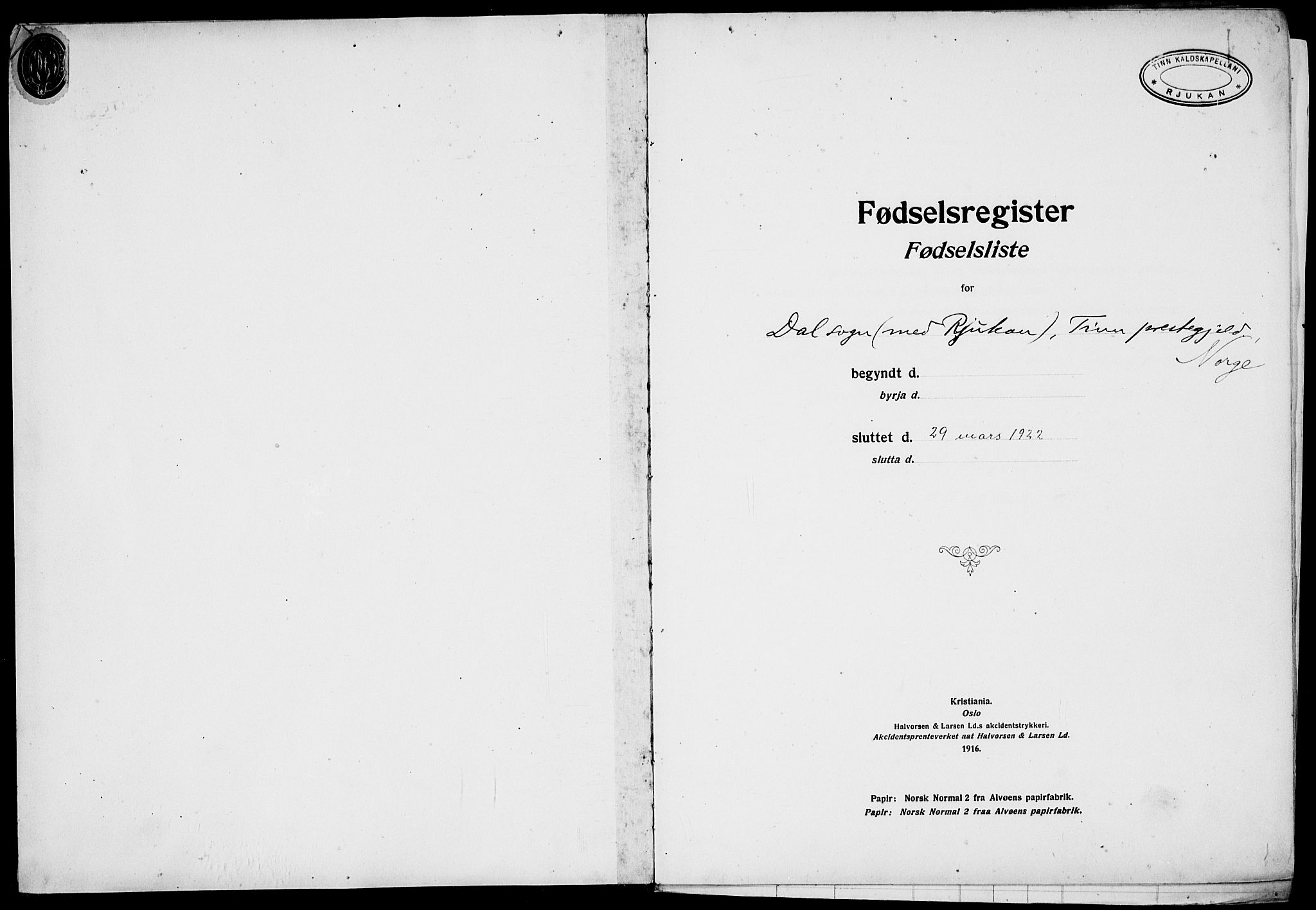 Rjukan kirkebøker, AV/SAKO-A-294/J/Ja/L0001: Fødselsregister nr. 1, 1916-1922