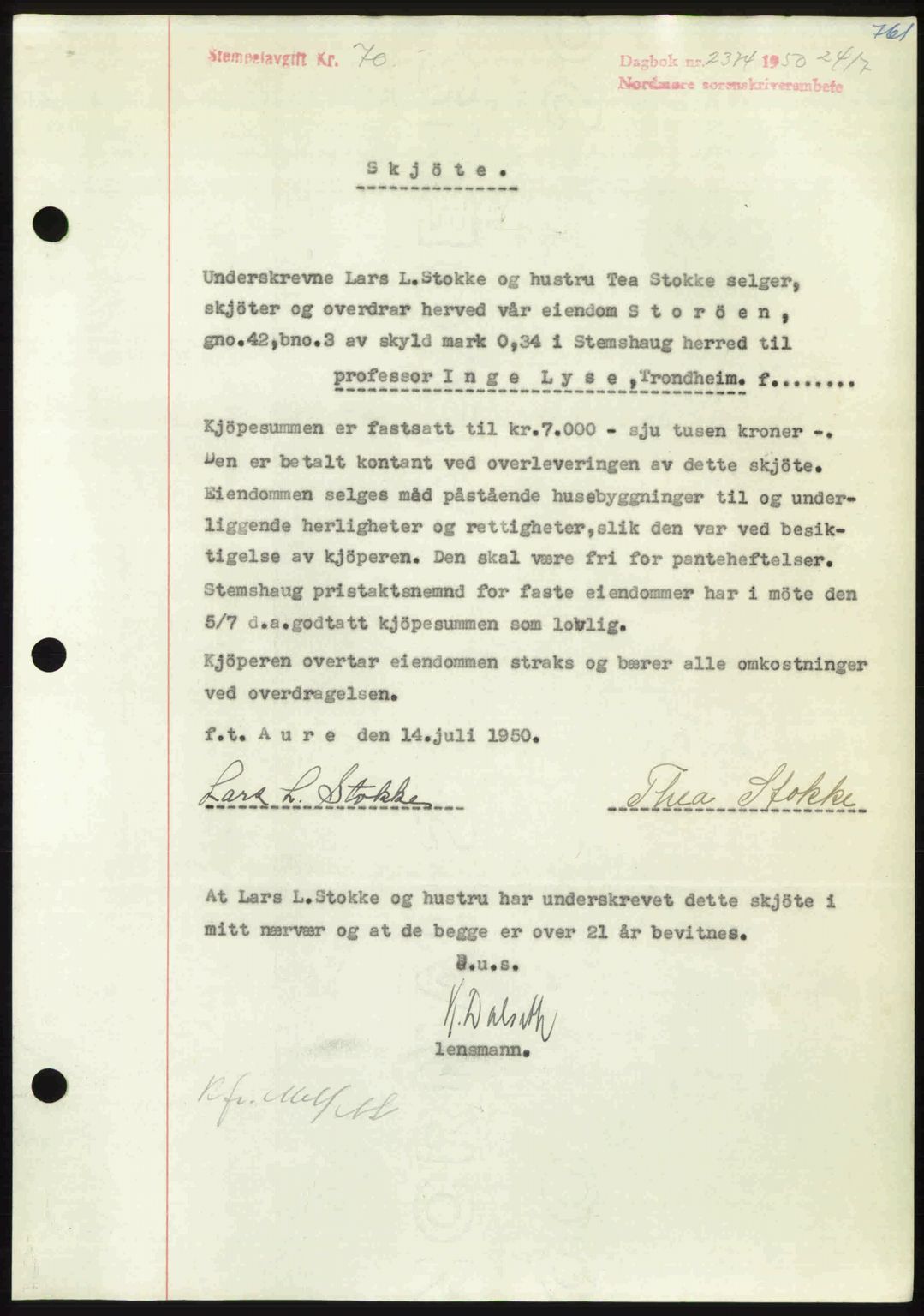 Nordmøre sorenskriveri, SAT/A-4132/1/2/2Ca: Pantebok nr. A115, 1950-1950, Dagboknr: 2374/1950