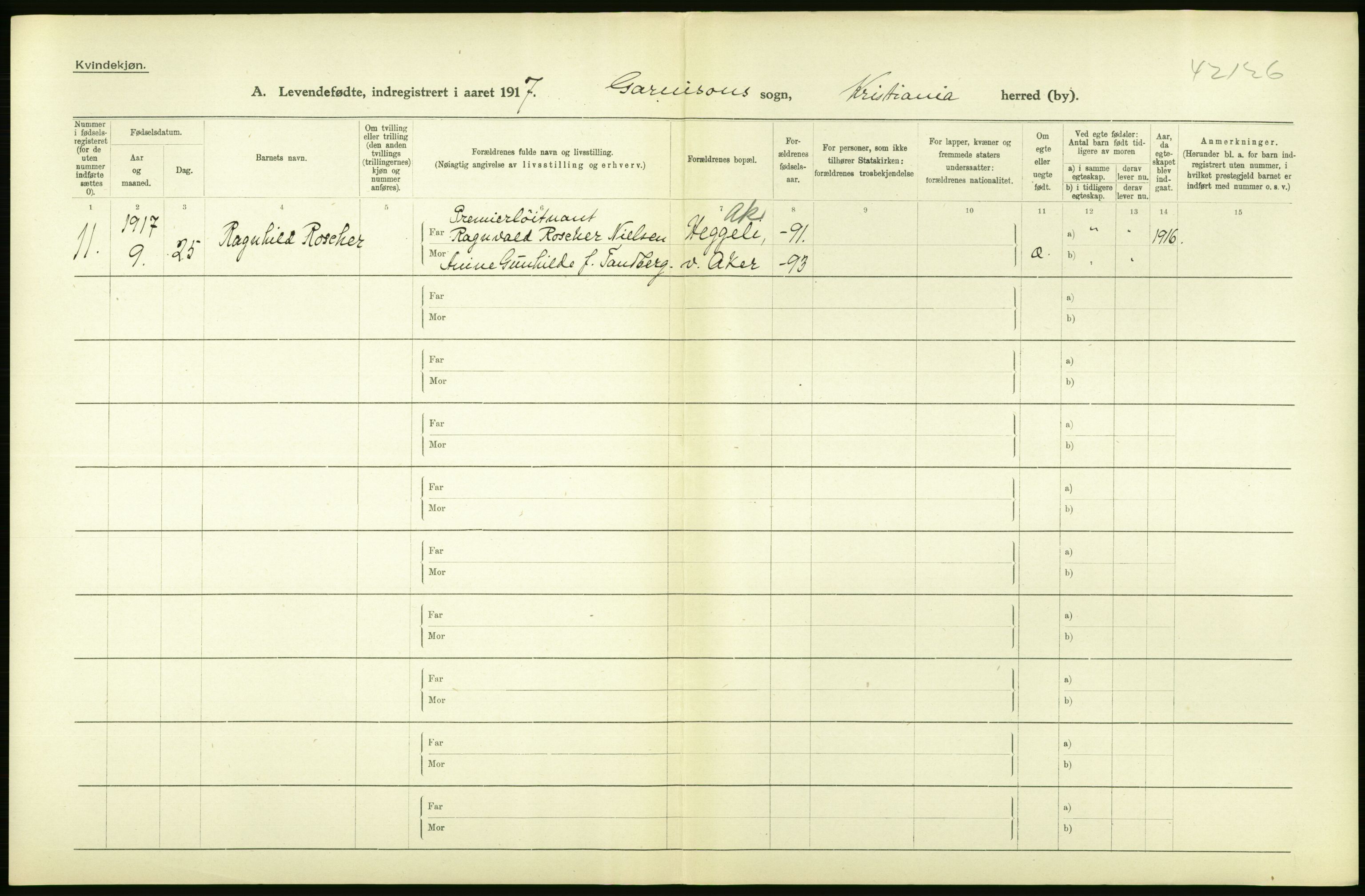 Statistisk sentralbyrå, Sosiodemografiske emner, Befolkning, AV/RA-S-2228/D/Df/Dfb/Dfbg/L0007: Kristiania: Levendefødte menn og kvinner., 1917, s. 76