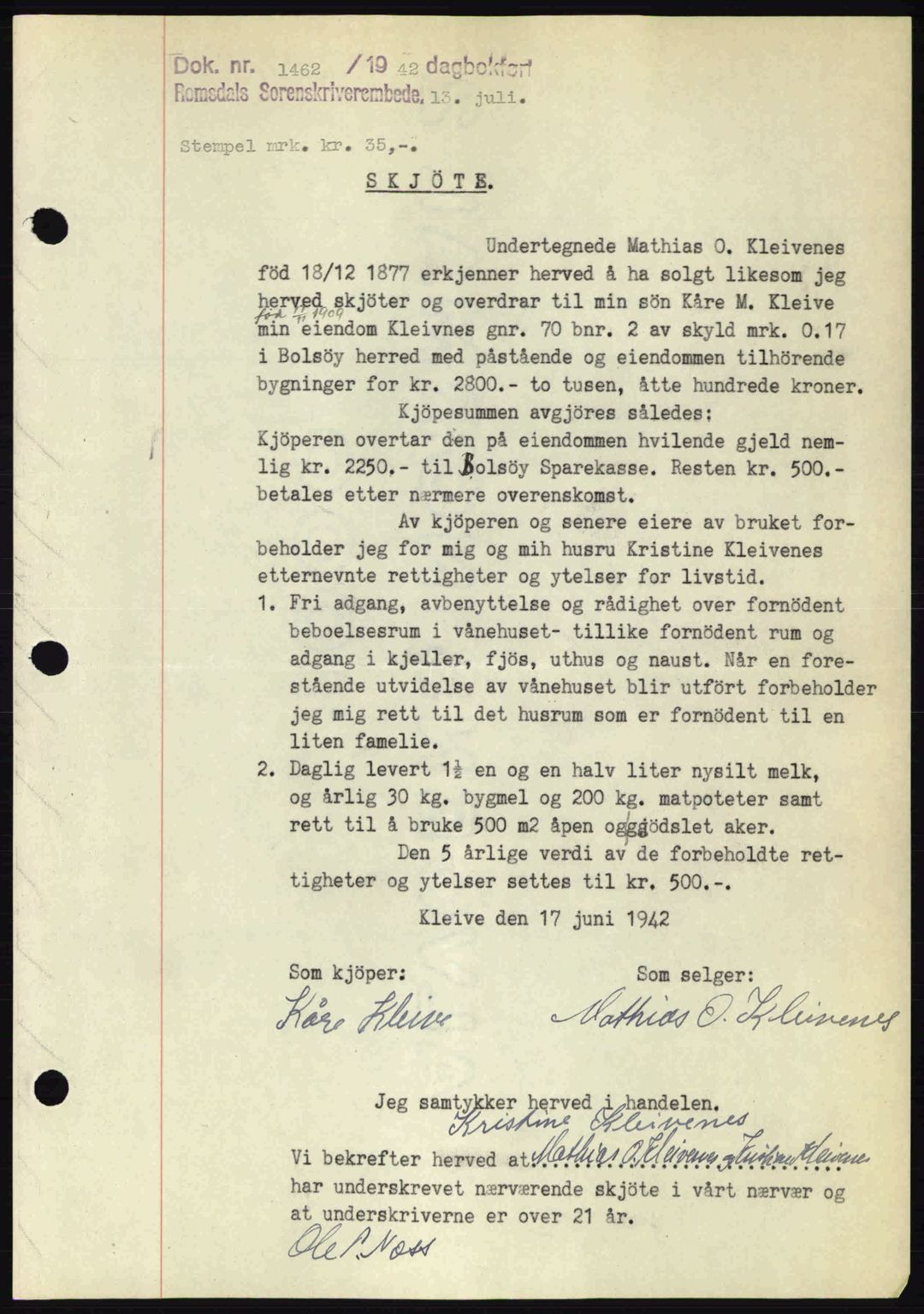 Romsdal sorenskriveri, SAT/A-4149/1/2/2C: Pantebok nr. A12, 1942-1942, Dagboknr: 1462/1942