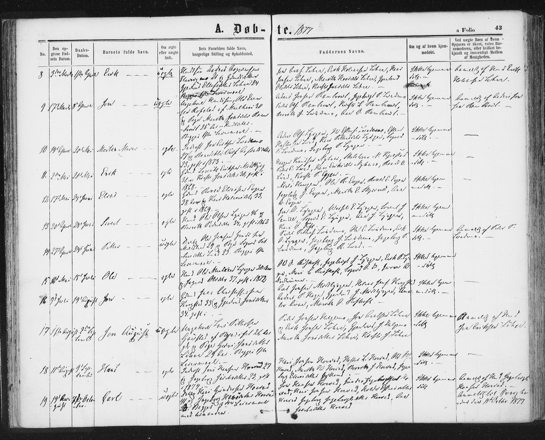 Ministerialprotokoller, klokkerbøker og fødselsregistre - Sør-Trøndelag, SAT/A-1456/692/L1104: Ministerialbok nr. 692A04, 1862-1878, s. 43