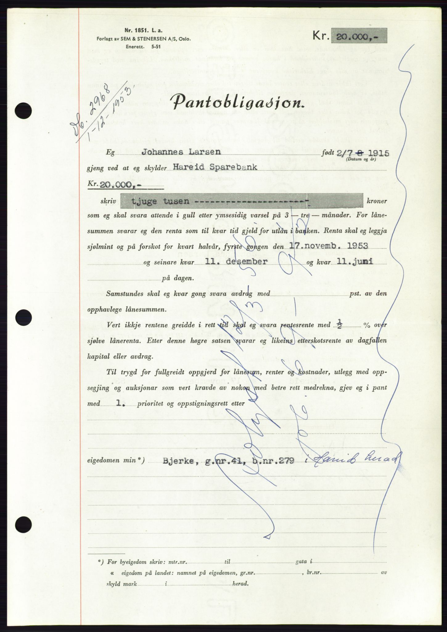 Søre Sunnmøre sorenskriveri, AV/SAT-A-4122/1/2/2C/L0124: Pantebok nr. 12B, 1953-1954, Dagboknr: 2968/1953