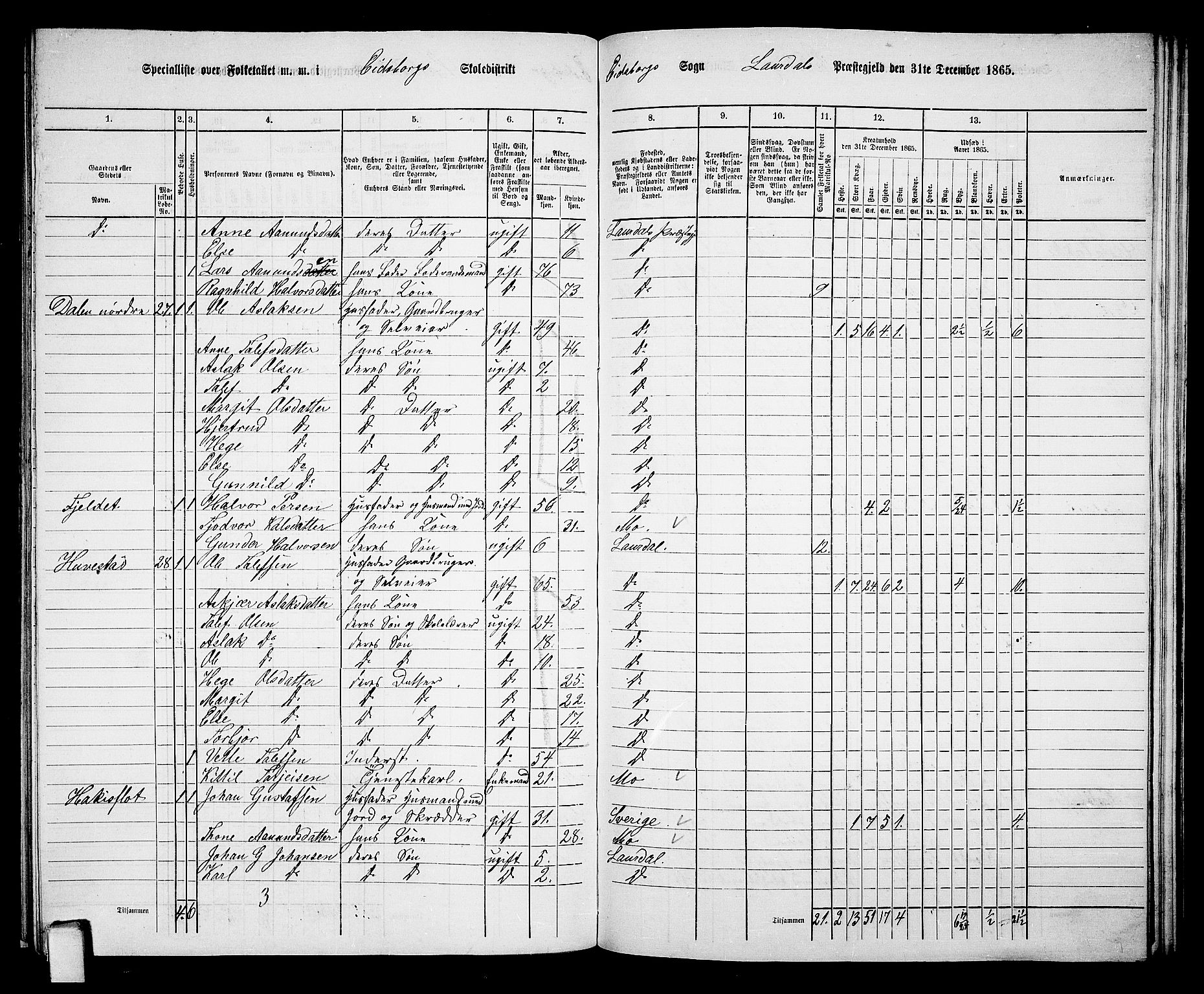 RA, Folketelling 1865 for 0833P Lårdal prestegjeld, 1865, s. 27