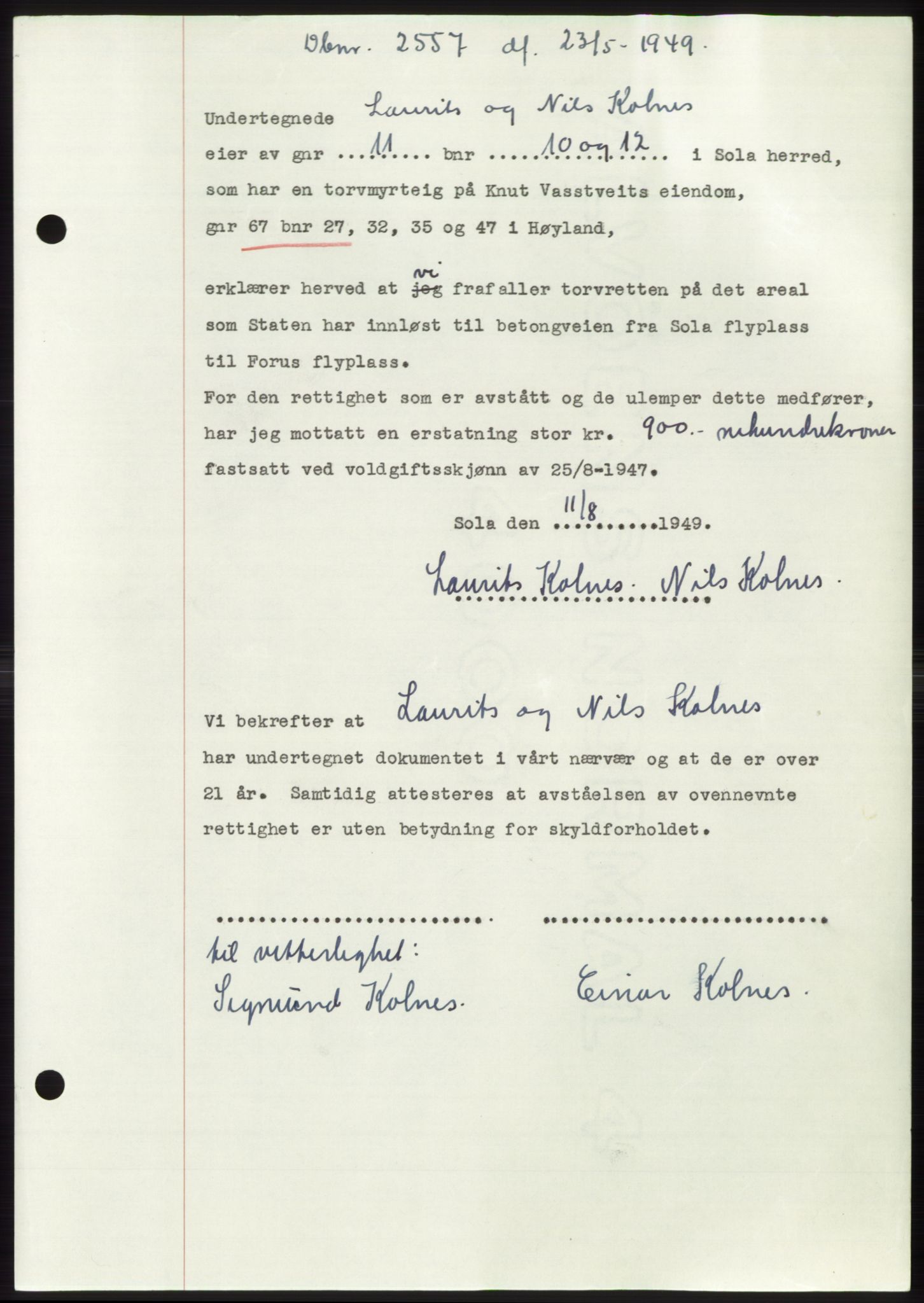 Jæren sorenskriveri, SAST/A-100310/03/G/Gba/L0102: Pantebok, 1949-1949, Dagboknr: 2557/1949