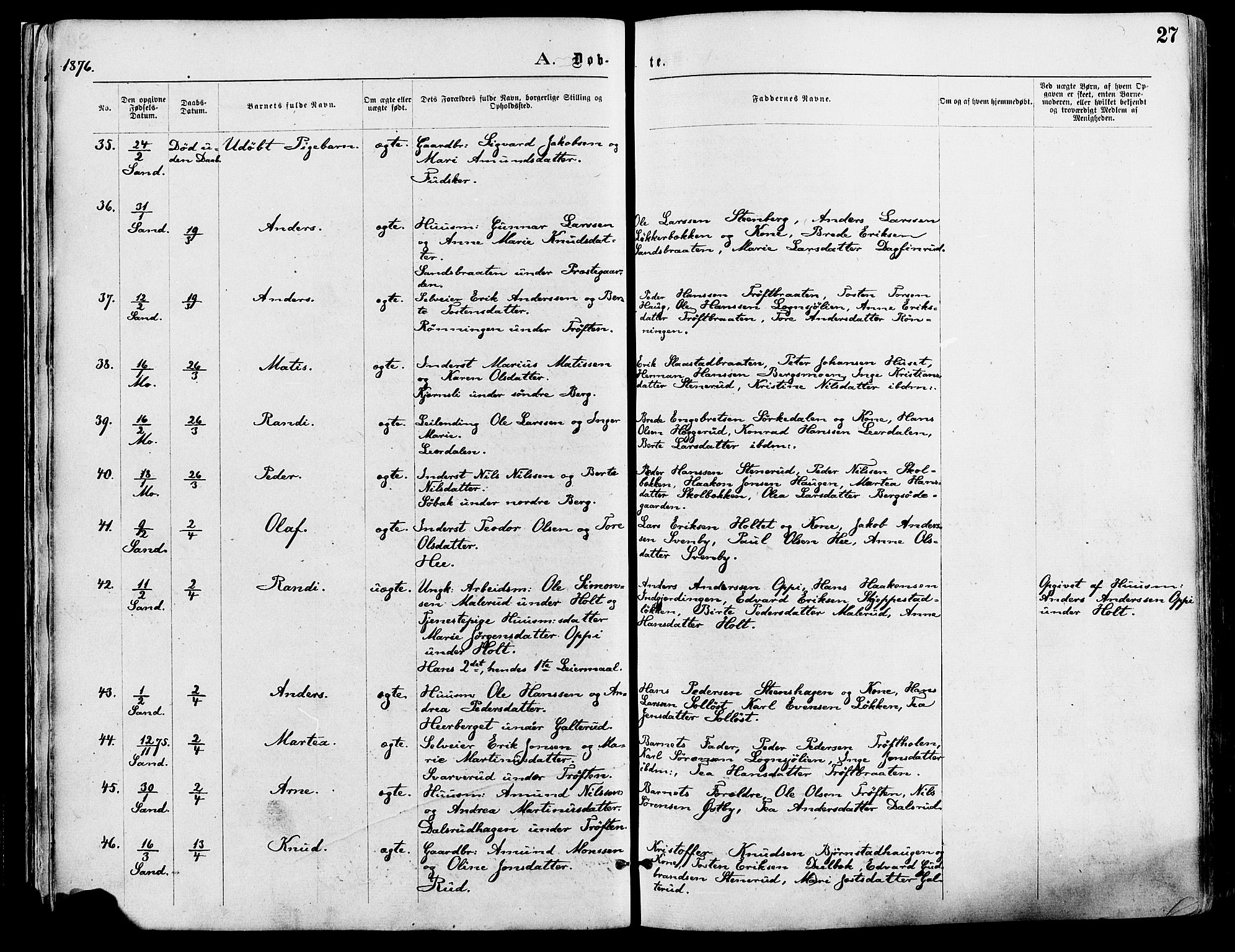 Nord-Odal prestekontor, AV/SAH-PREST-032/H/Ha/Haa/L0005: Ministerialbok nr. 5, 1874-1885, s. 27