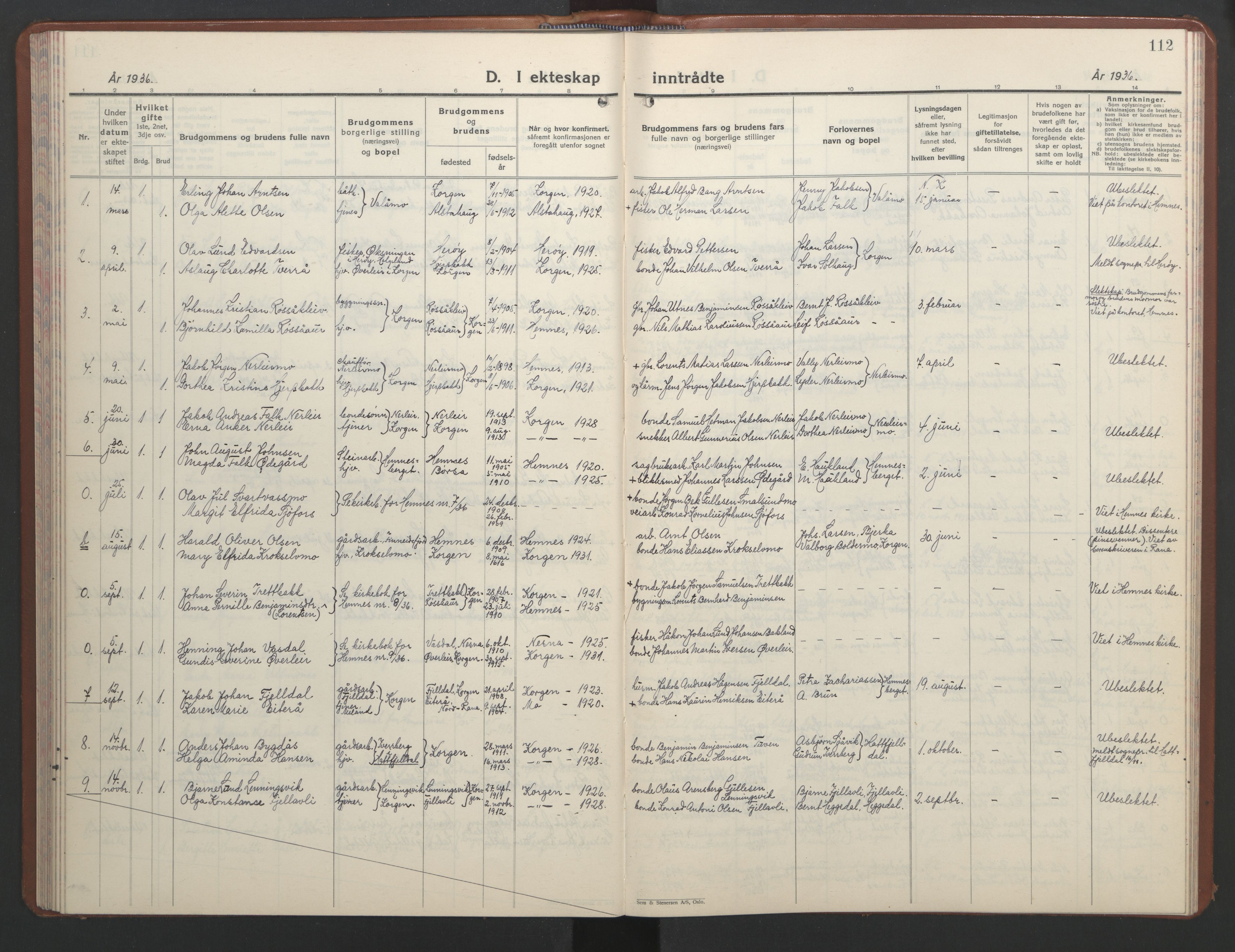 Ministerialprotokoller, klokkerbøker og fødselsregistre - Nordland, SAT/A-1459/826/L0385: Klokkerbok nr. 826C05, 1933-1951, s. 112