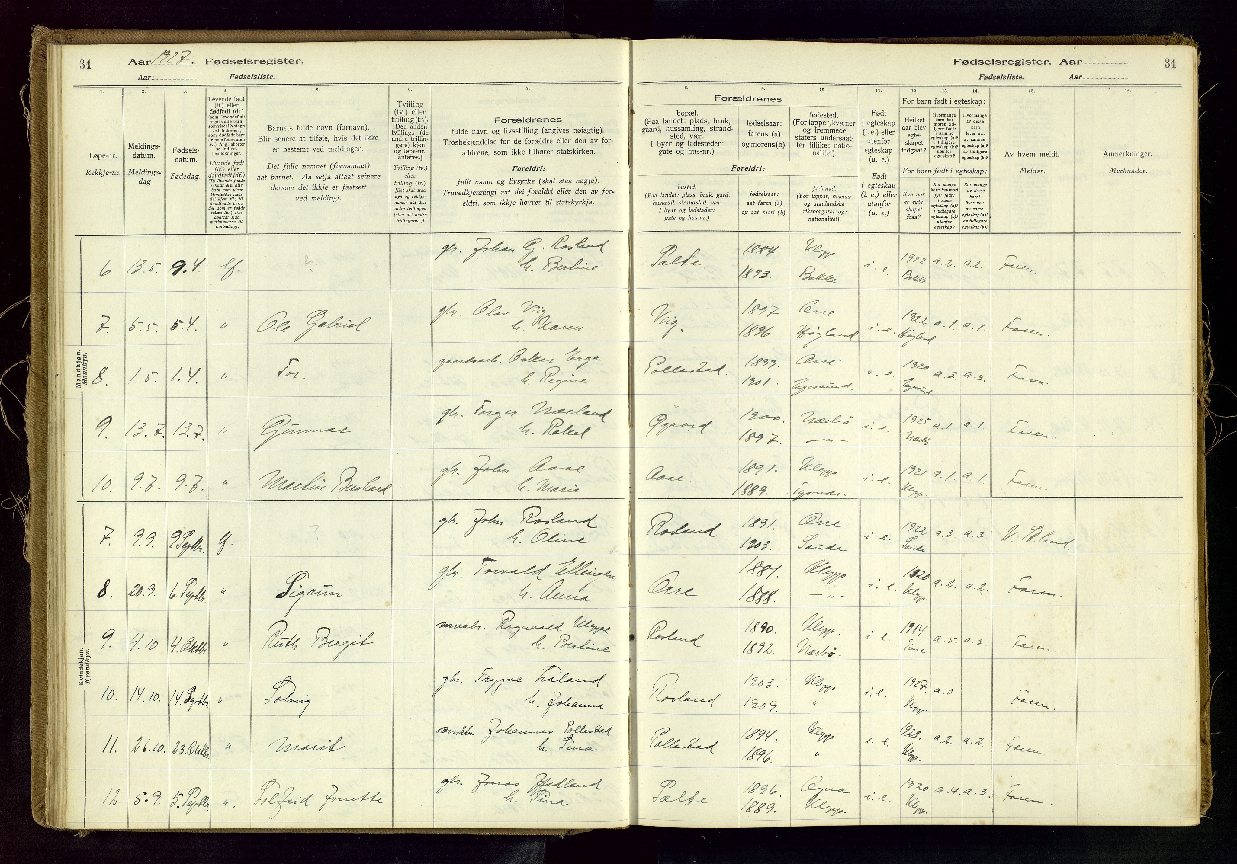 Klepp sokneprestkontor, SAST/A-101803/001/704BAC/L0001: Fødselsregister nr. 1, 1916-1982, s. 34