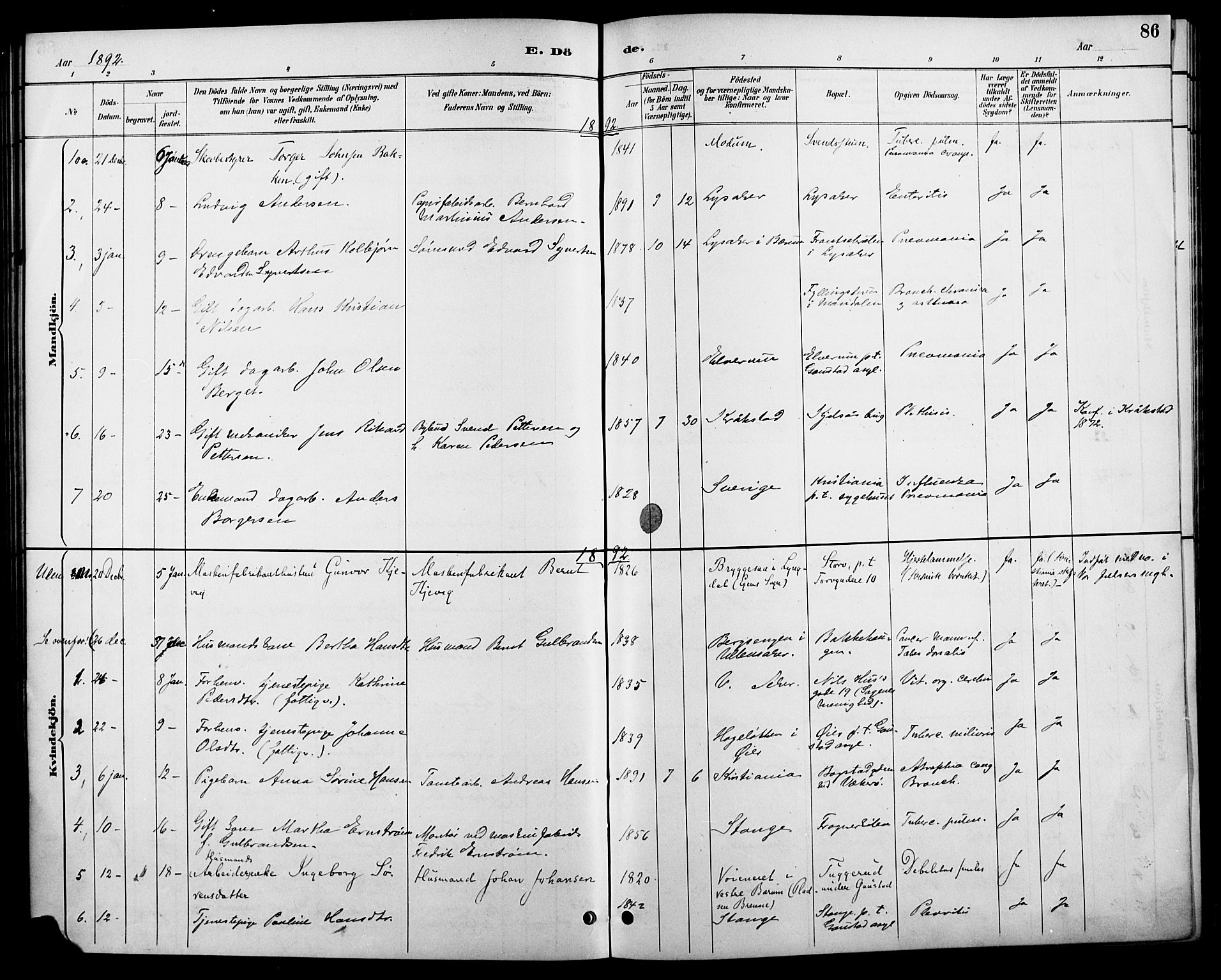 Vestre Aker prestekontor Kirkebøker, AV/SAO-A-10025/F/Fa/L0011: Ministerialbok nr. 11, 1886-1904, s. 86