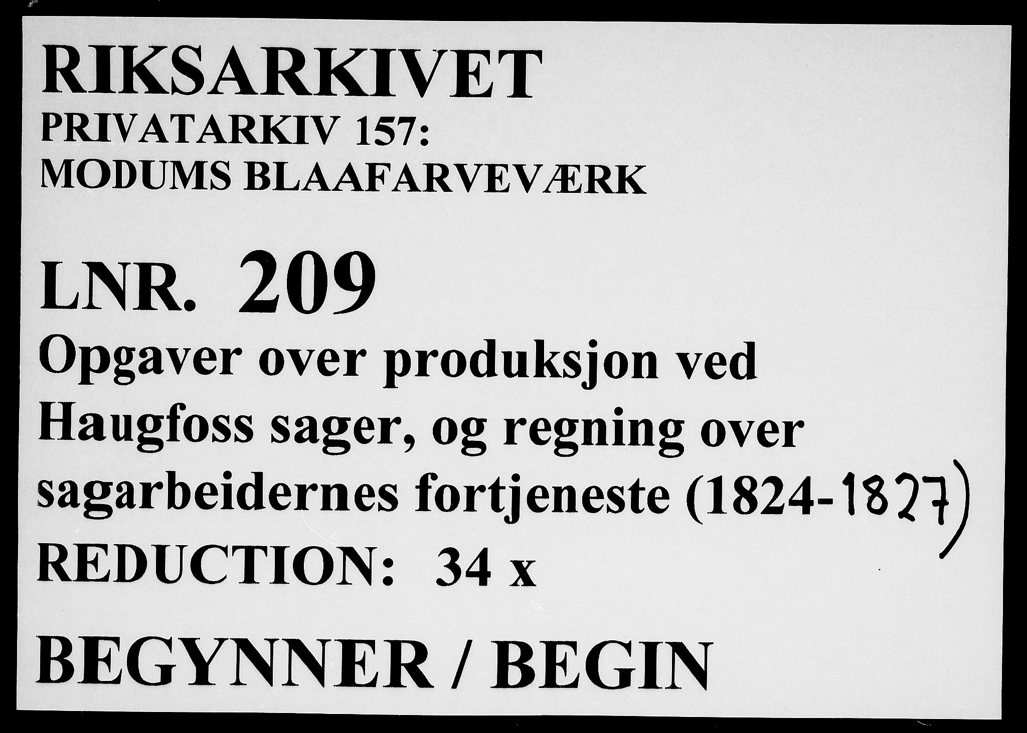 Modums Blaafarveværk, RA/PA-0157/G/Gd/Gdb/L0209: Oppgaver over produksjon ved Haugfoss sager, og regning over sagarbeidedrnes fortjeneste, 1824-1827, s. 1