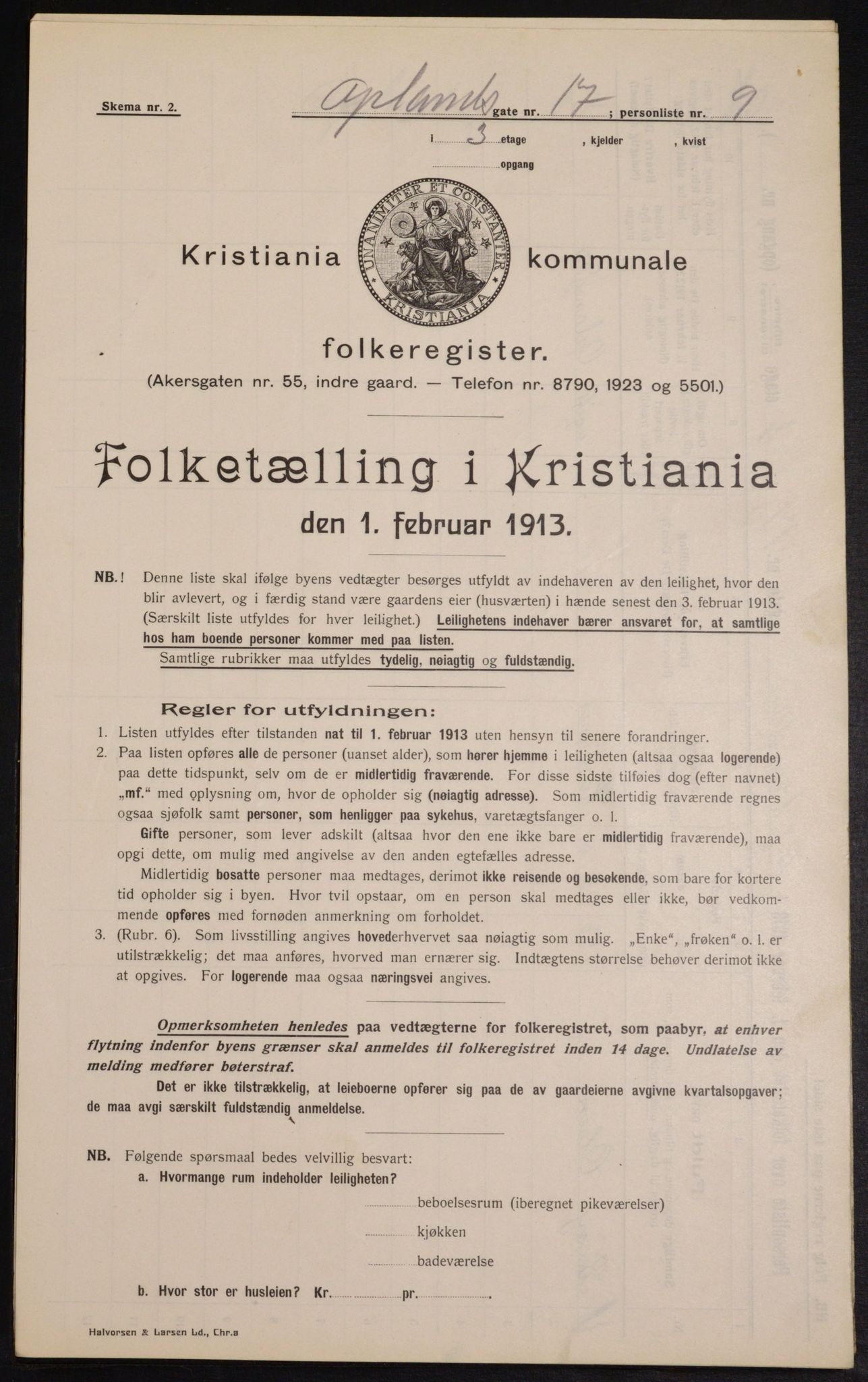 OBA, Kommunal folketelling 1.2.1913 for Kristiania, 1913, s. 76017