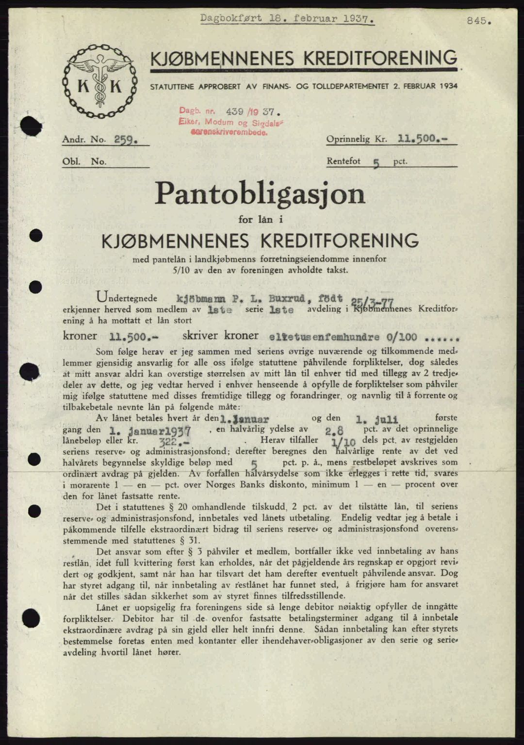 Eiker, Modum og Sigdal sorenskriveri, SAKO/A-123/G/Ga/Gab/L0034: Pantebok nr. A4, 1936-1937, Dagboknr: 439/1937