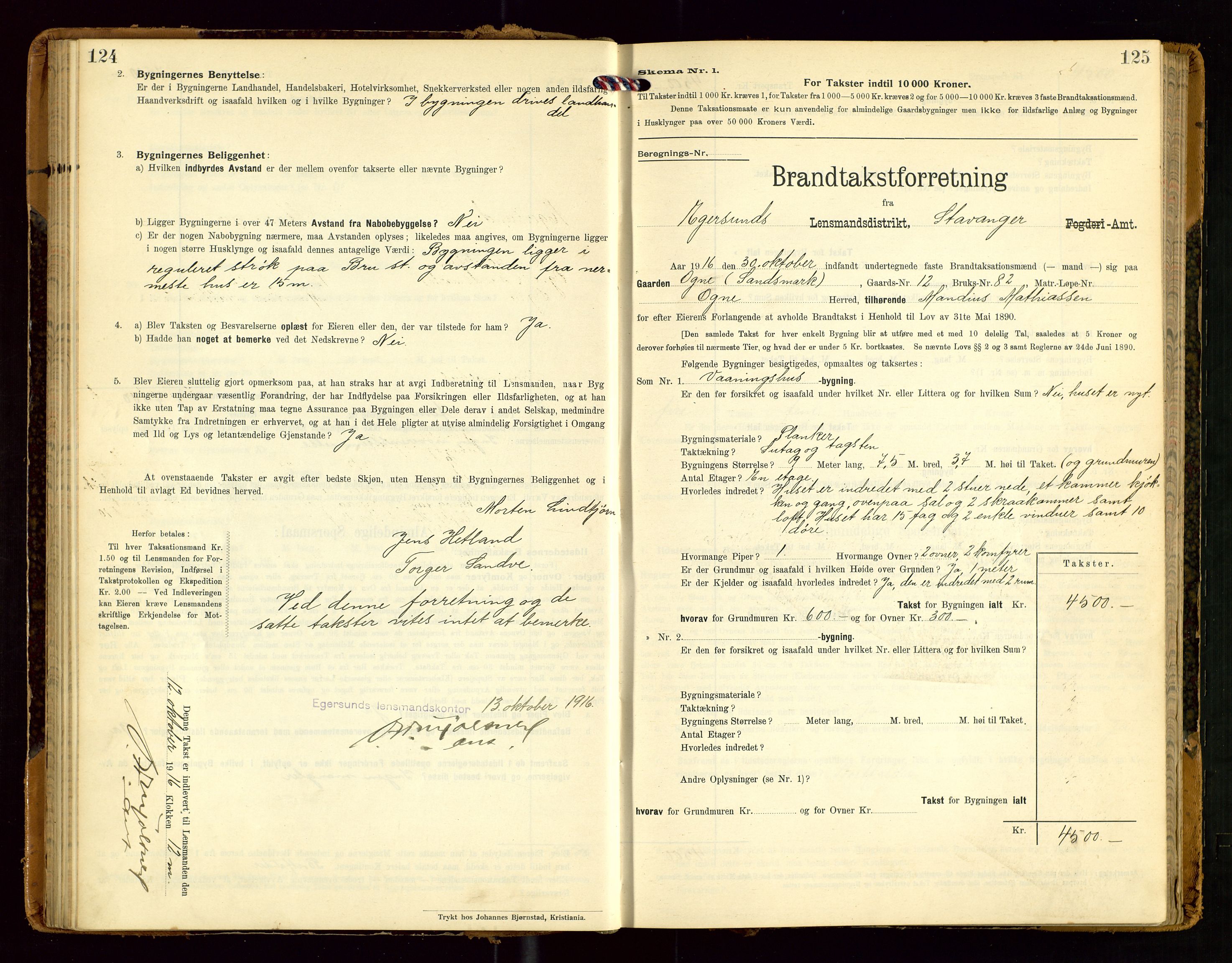 Eigersund lensmannskontor, SAST/A-100171/Gob/L0002: "Brandtakstprotokol", 1910-1916, s. 124-125