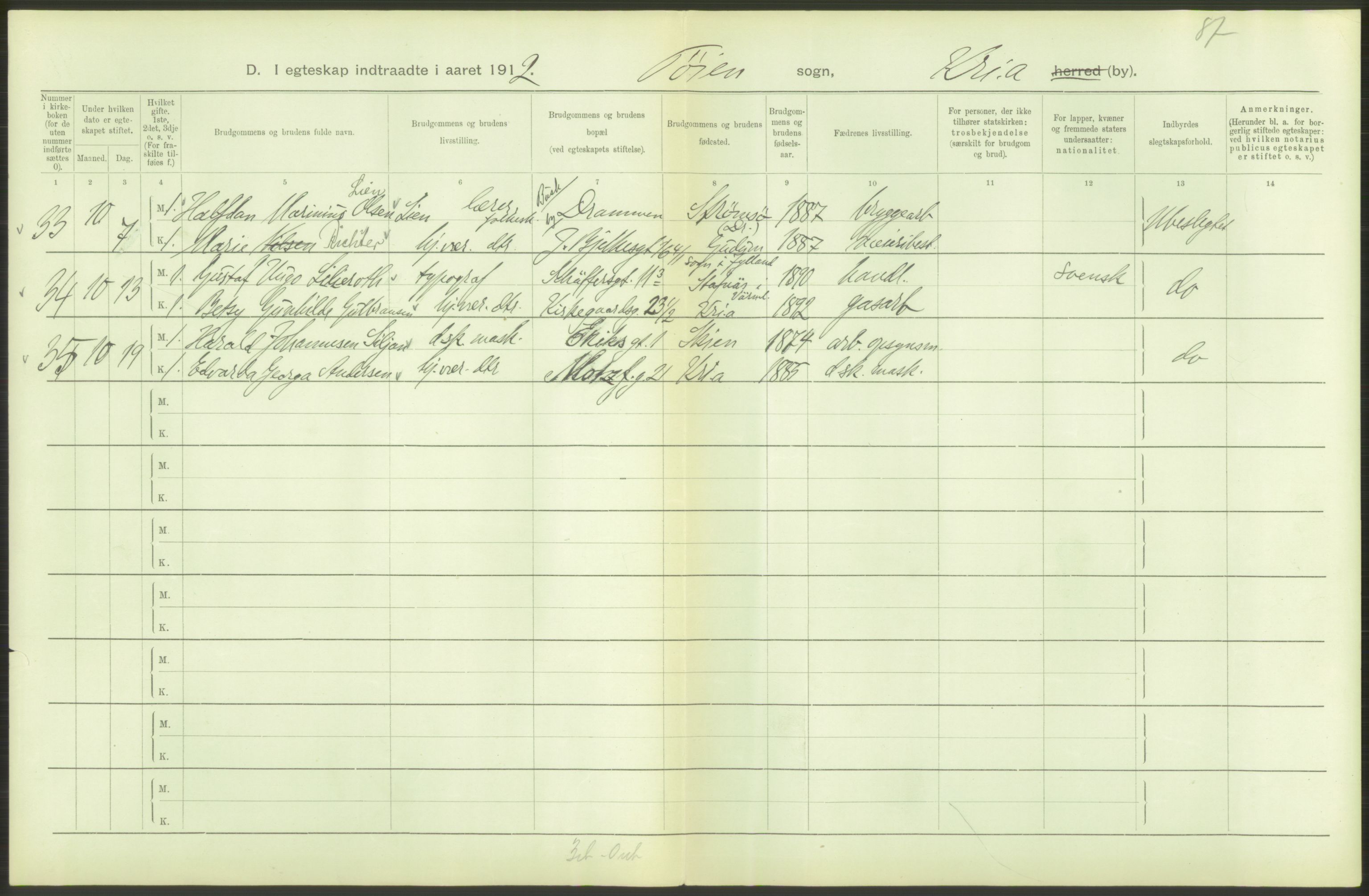 Statistisk sentralbyrå, Sosiodemografiske emner, Befolkning, AV/RA-S-2228/D/Df/Dfb/Dfbb/L0008: Kristiania: Gifte, 1912, s. 40