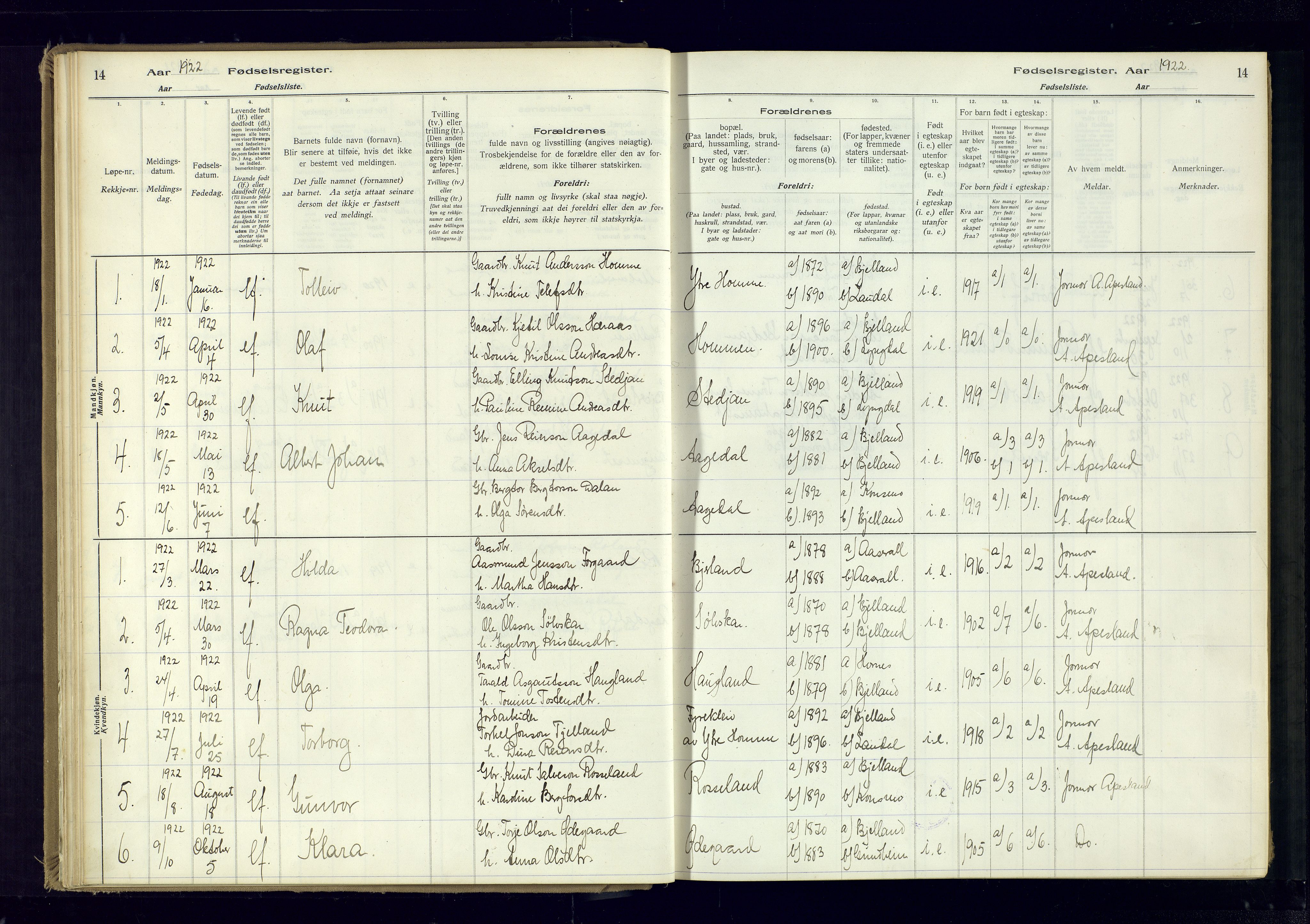 Bjelland sokneprestkontor, AV/SAK-1111-0005/J/Ja/L0001: Fødselsregister nr. II.4.2, 1916-1982, s. 14