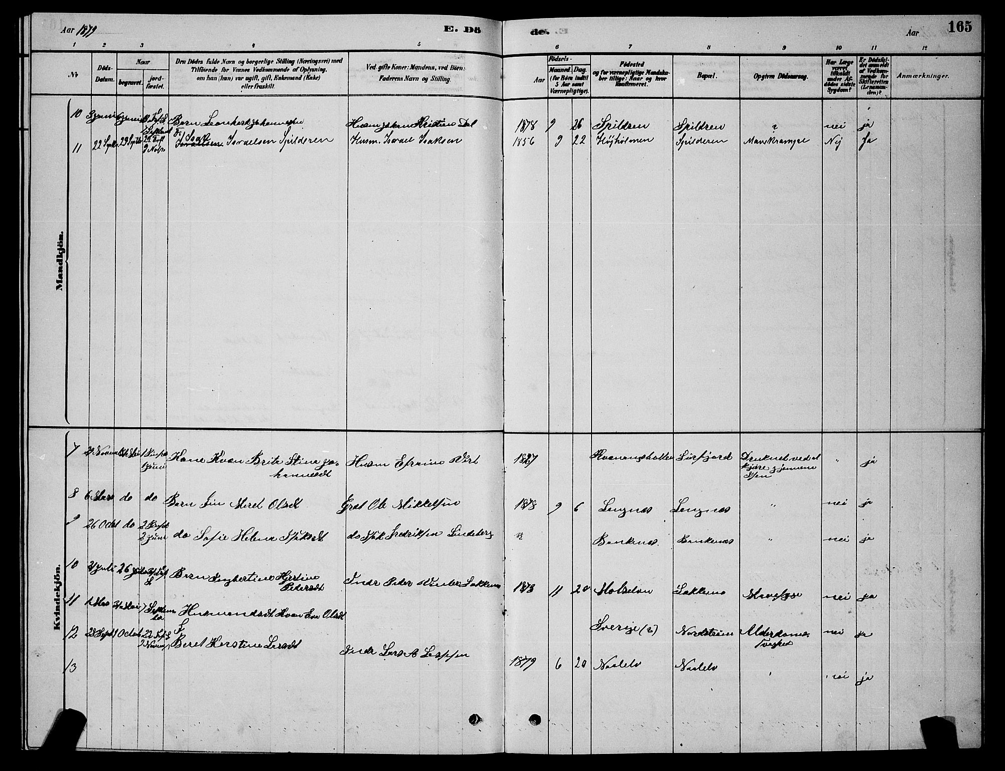 Skjervøy sokneprestkontor, AV/SATØ-S-1300/H/Ha/Hab/L0015klokker: Klokkerbok nr. 15, 1878-1890, s. 165