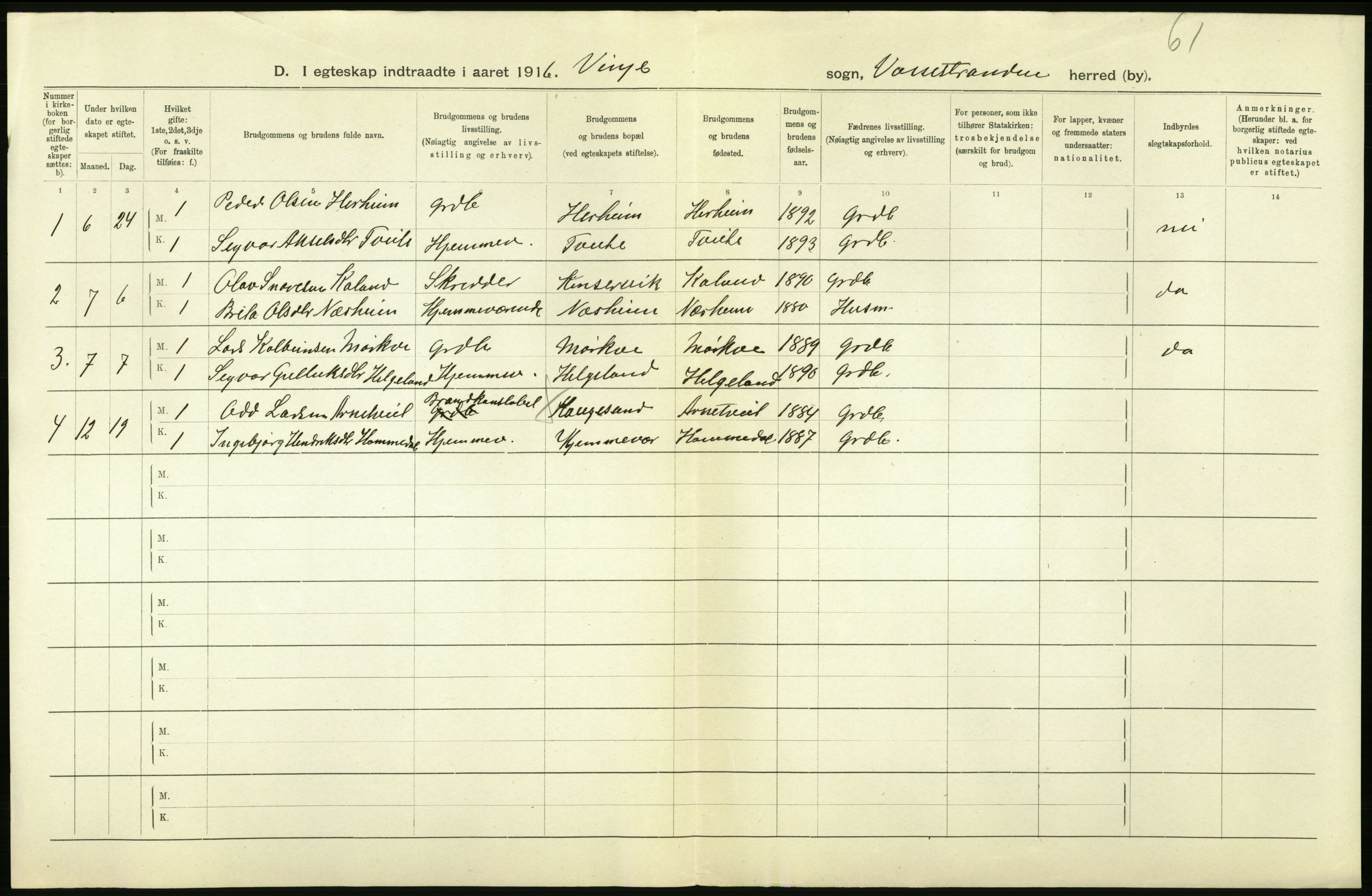 Statistisk sentralbyrå, Sosiodemografiske emner, Befolkning, RA/S-2228/D/Df/Dfb/Dfbf/L0035: S. Bergenhus amt: Gifte, dødfødte. Bygder., 1916, s. 4