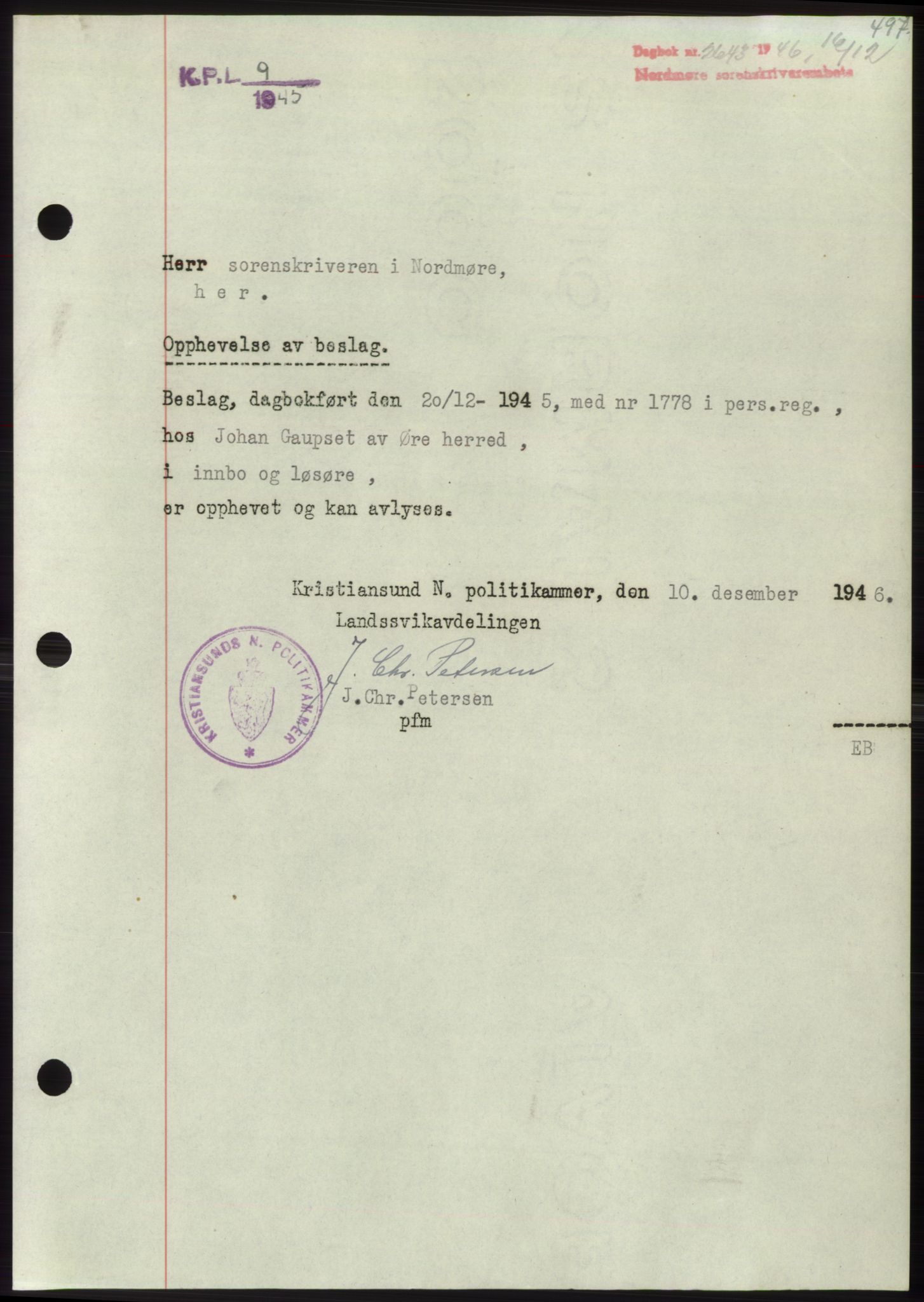 Nordmøre sorenskriveri, SAT/A-4132/1/2/2Ca: Pantebok nr. B95, 1946-1947, Dagboknr: 2643/1946