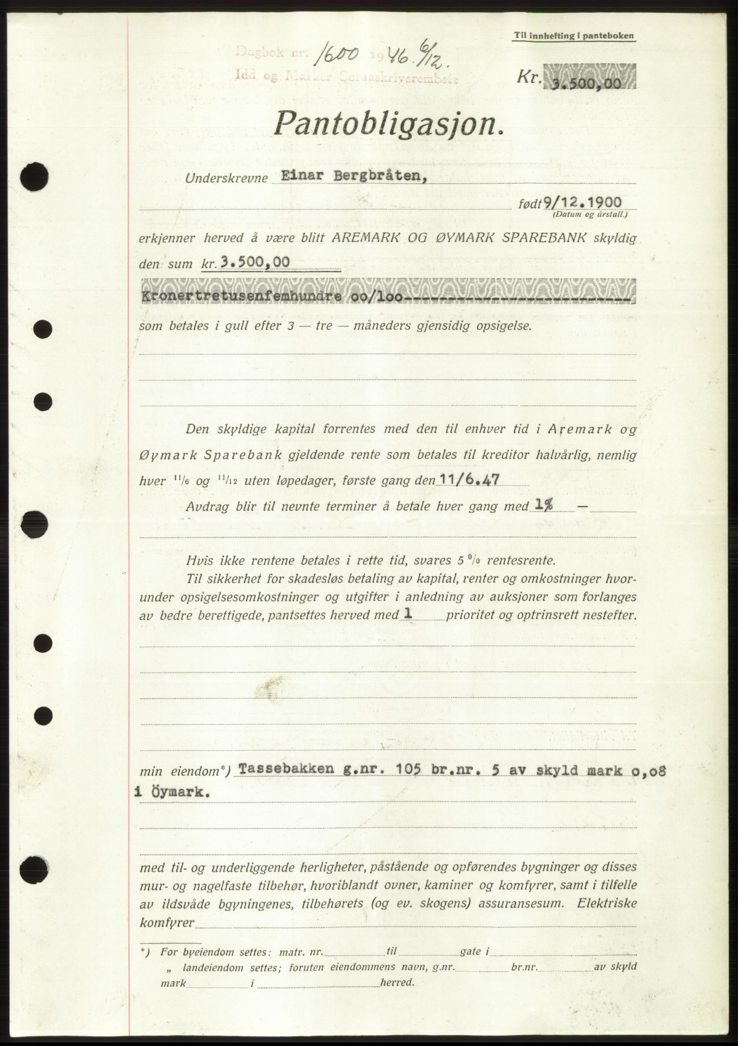 Idd og Marker sorenskriveri, AV/SAO-A-10283/G/Gb/Gbc/L0004: Pantebok nr. B10-15, 1946-1950, Dagboknr: 1600/1946