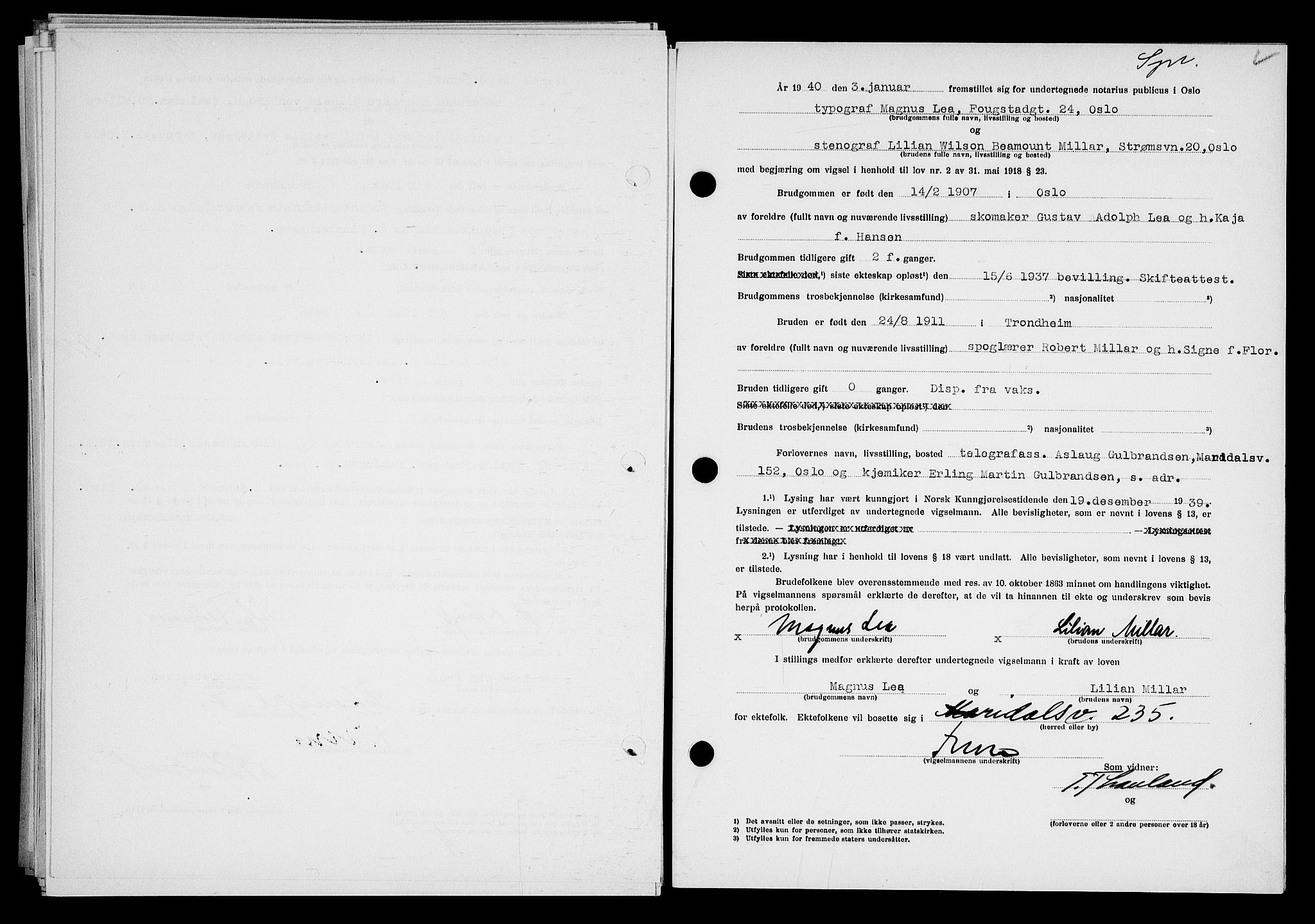 Oslo byfogd avd. I, SAO/A-10220/L/Lb/Lbb/L0033: Notarialprotokoll, rekke II: Vigsler, 1939-1940