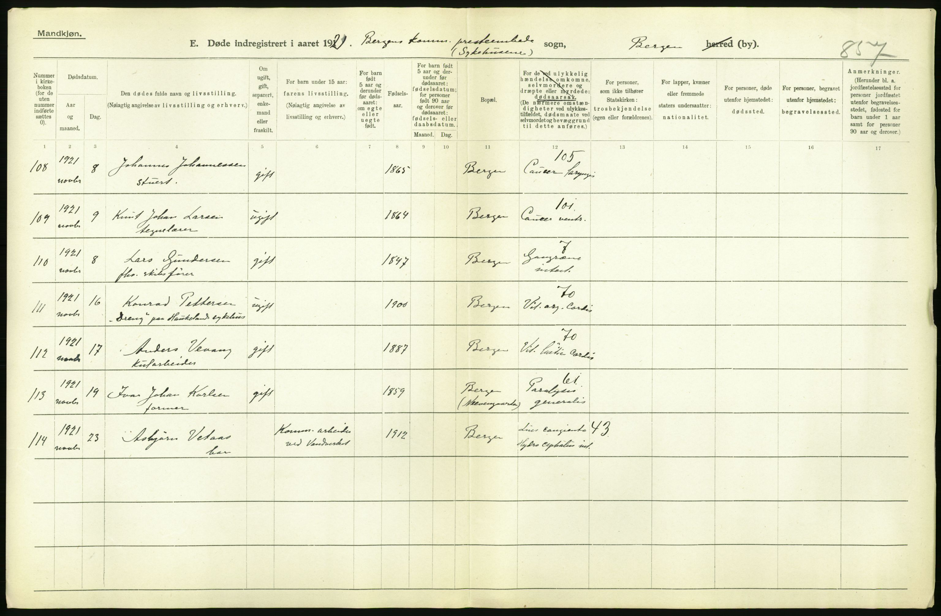 Statistisk sentralbyrå, Sosiodemografiske emner, Befolkning, AV/RA-S-2228/D/Df/Dfc/Dfca/L0036: Bergen: Døde., 1921, s. 192