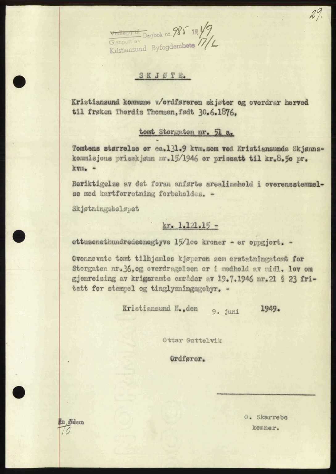 Kristiansund byfogd, AV/SAT-A-4587/A/27: Pantebok nr. 46, 1949-1950, Dagboknr: 985/1949