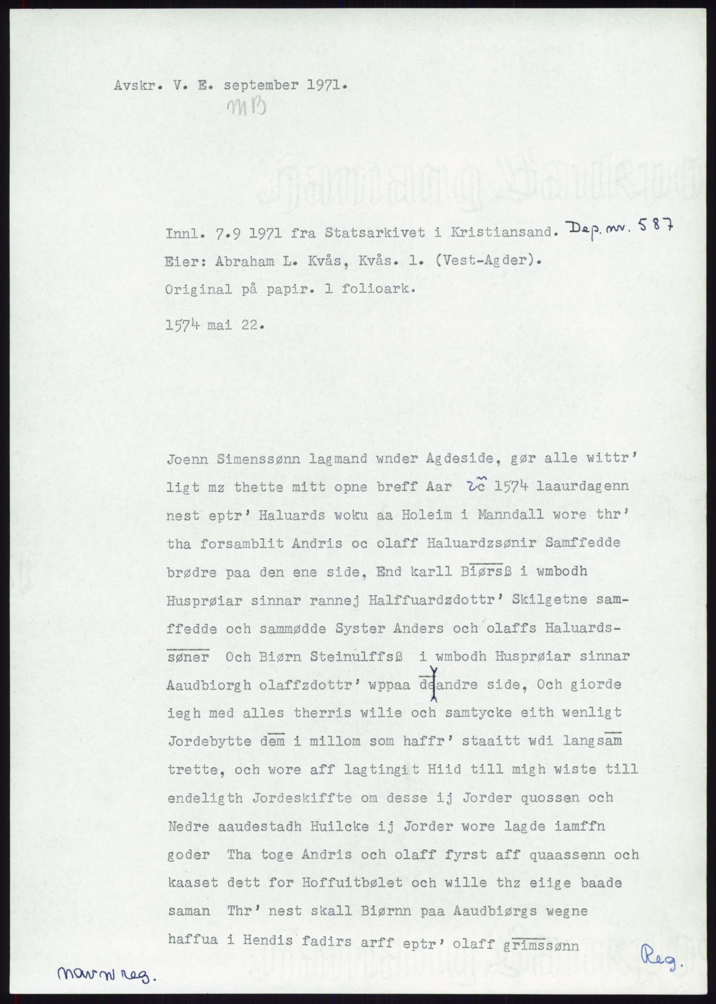 Samlinger til kildeutgivelse, Diplomavskriftsamlingen, RA/EA-4053/H/Ha, s. 1877