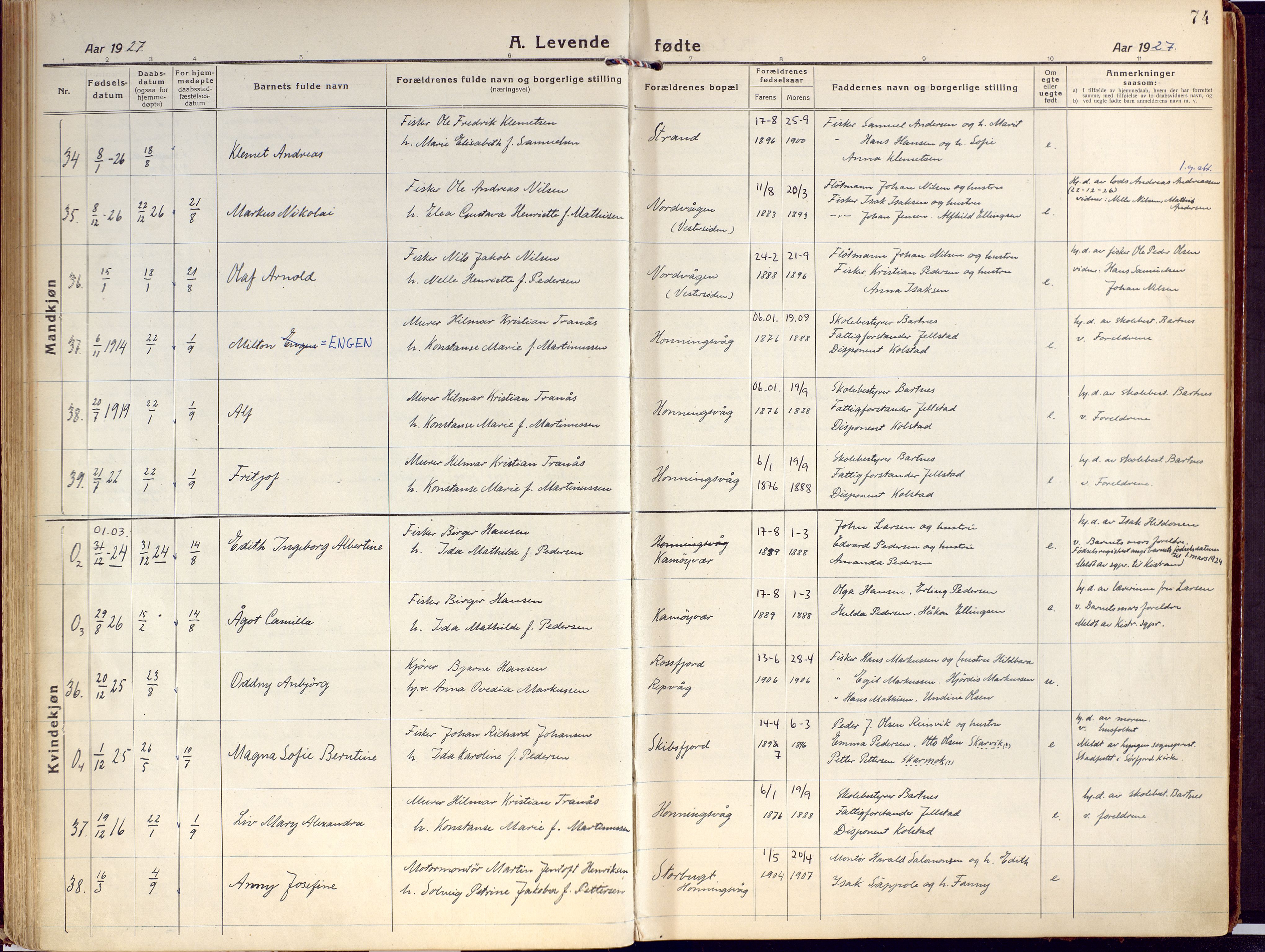 Kjelvik/Nordkapp sokneprestkontor, AV/SATØ-S-1350/H/Ha/L0002kirke: Ministerialbok nr. 2, 1920-1929, s. 74