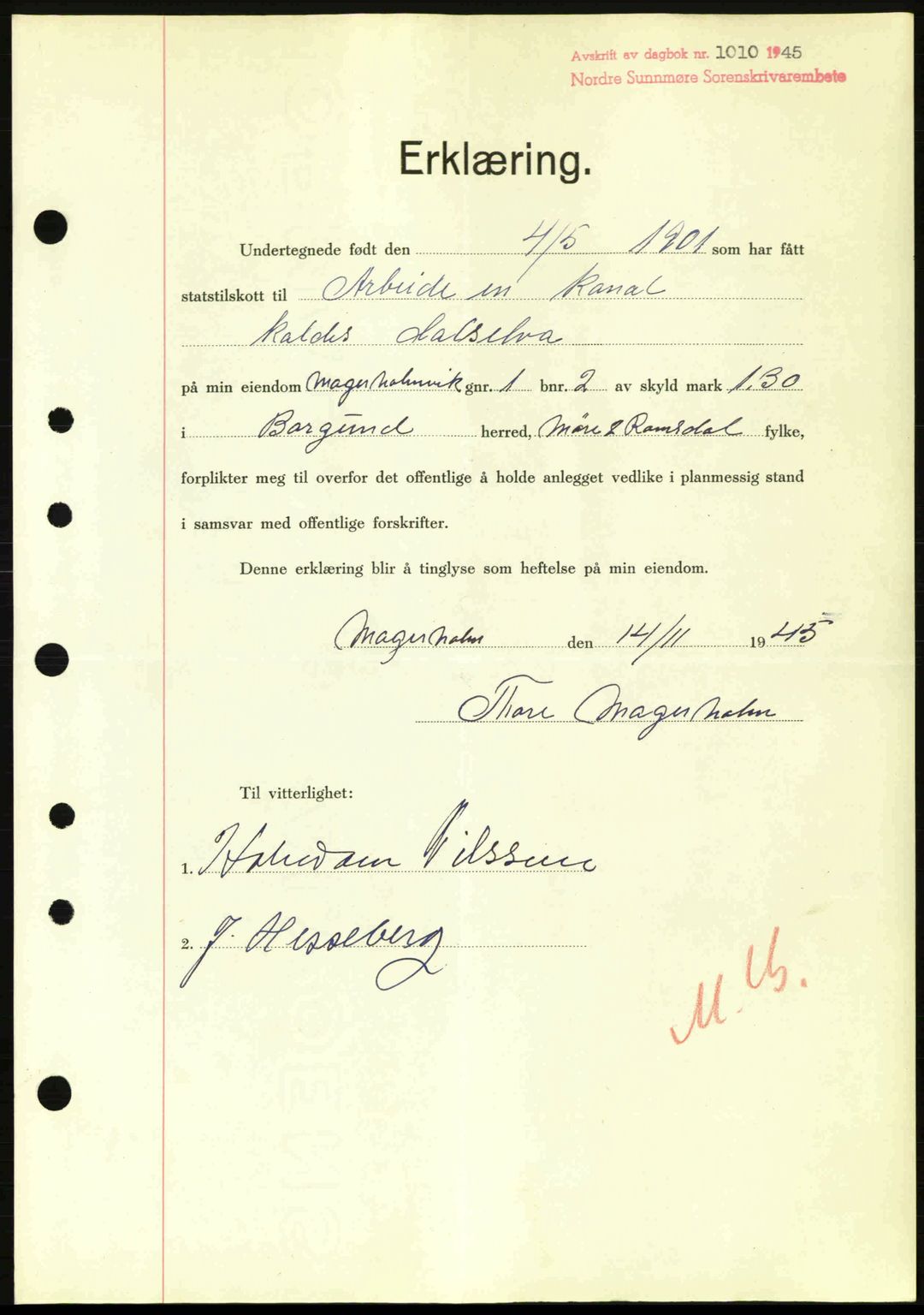 Nordre Sunnmøre sorenskriveri, AV/SAT-A-0006/1/2/2C/2Ca: Pantebok nr. A20a, 1945-1945, Dagboknr: 1010/1945