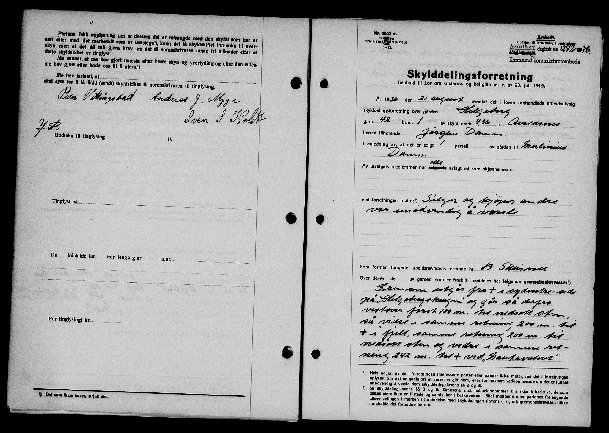 Karmsund sorenskriveri, SAST/A-100311/01/II/IIB/L0066: Pantebok nr. 47A, 1936-1936, Dagboknr: 1292/1936