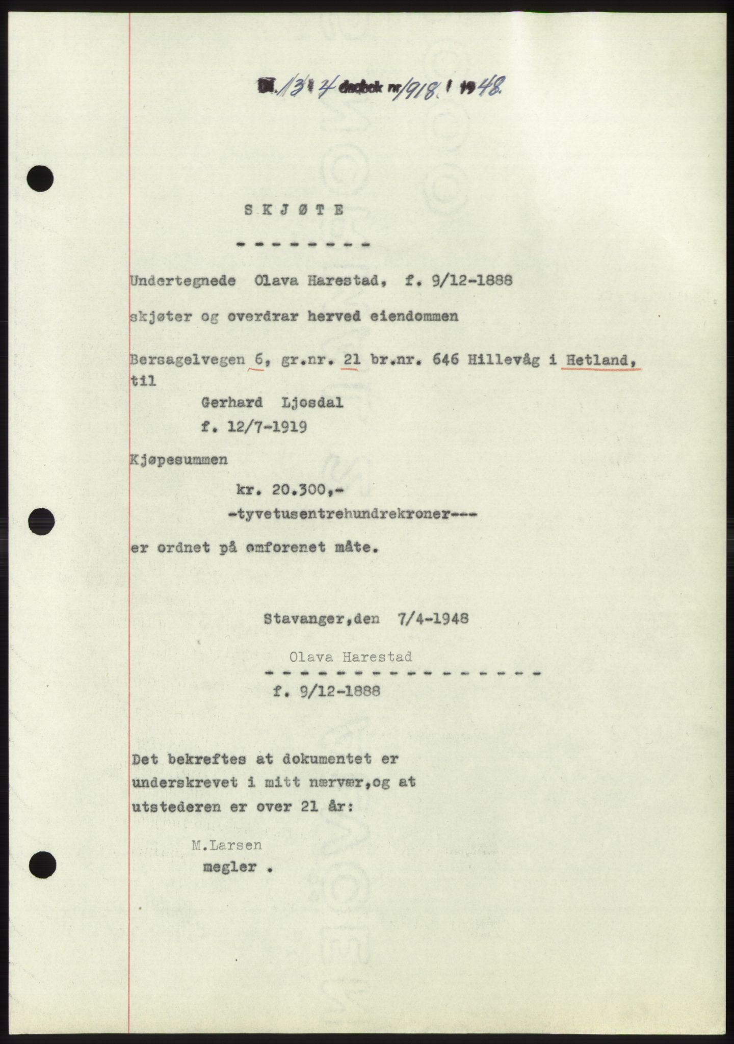 Jæren sorenskriveri, SAST/A-100310/03/G/Gba/L0098: Pantebok, 1948-1948, Dagboknr: 1918/1948