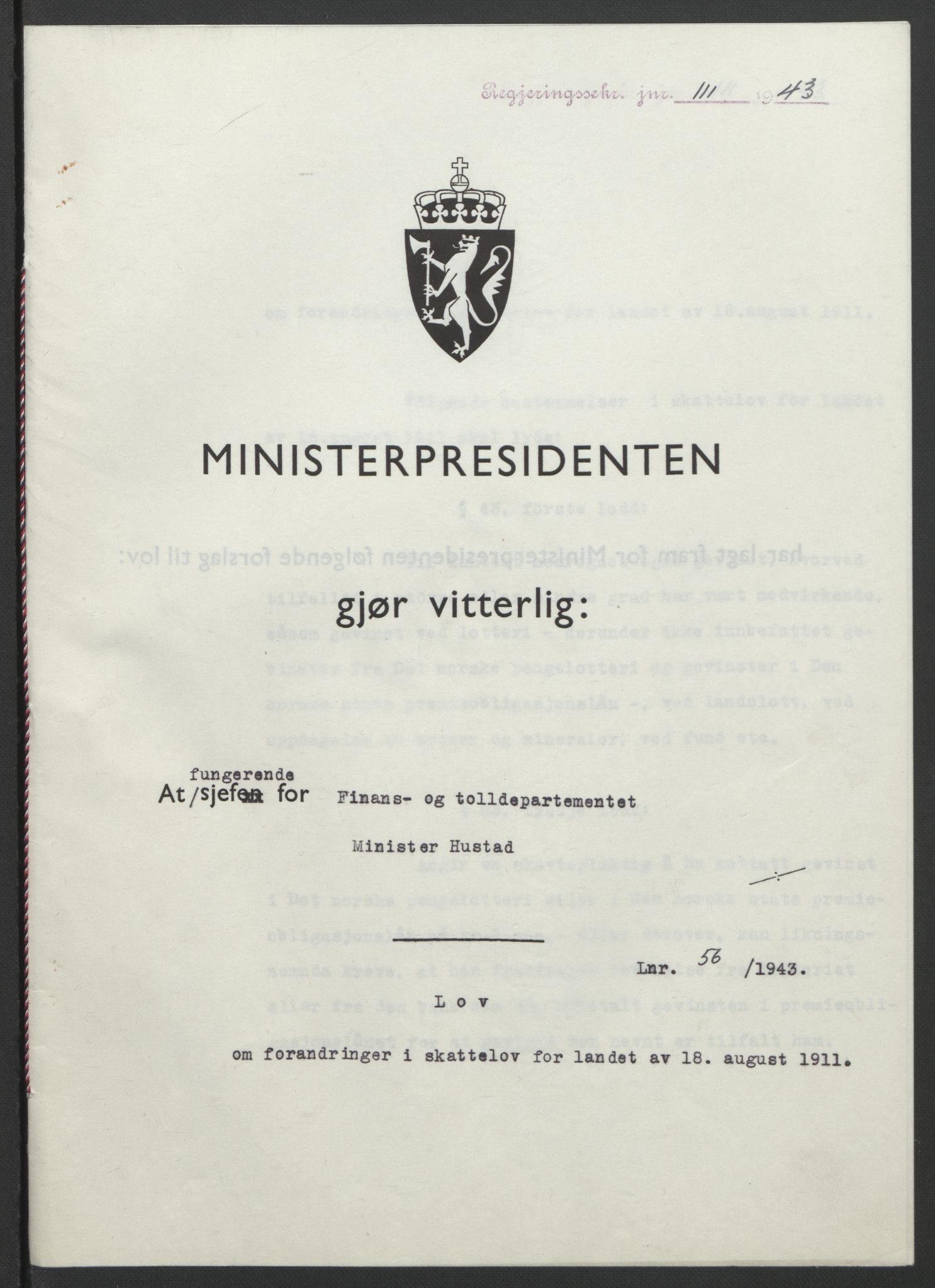 NS-administrasjonen 1940-1945 (Statsrådsekretariatet, de kommisariske statsråder mm), AV/RA-S-4279/D/Db/L0099: Lover, 1943, s. 251