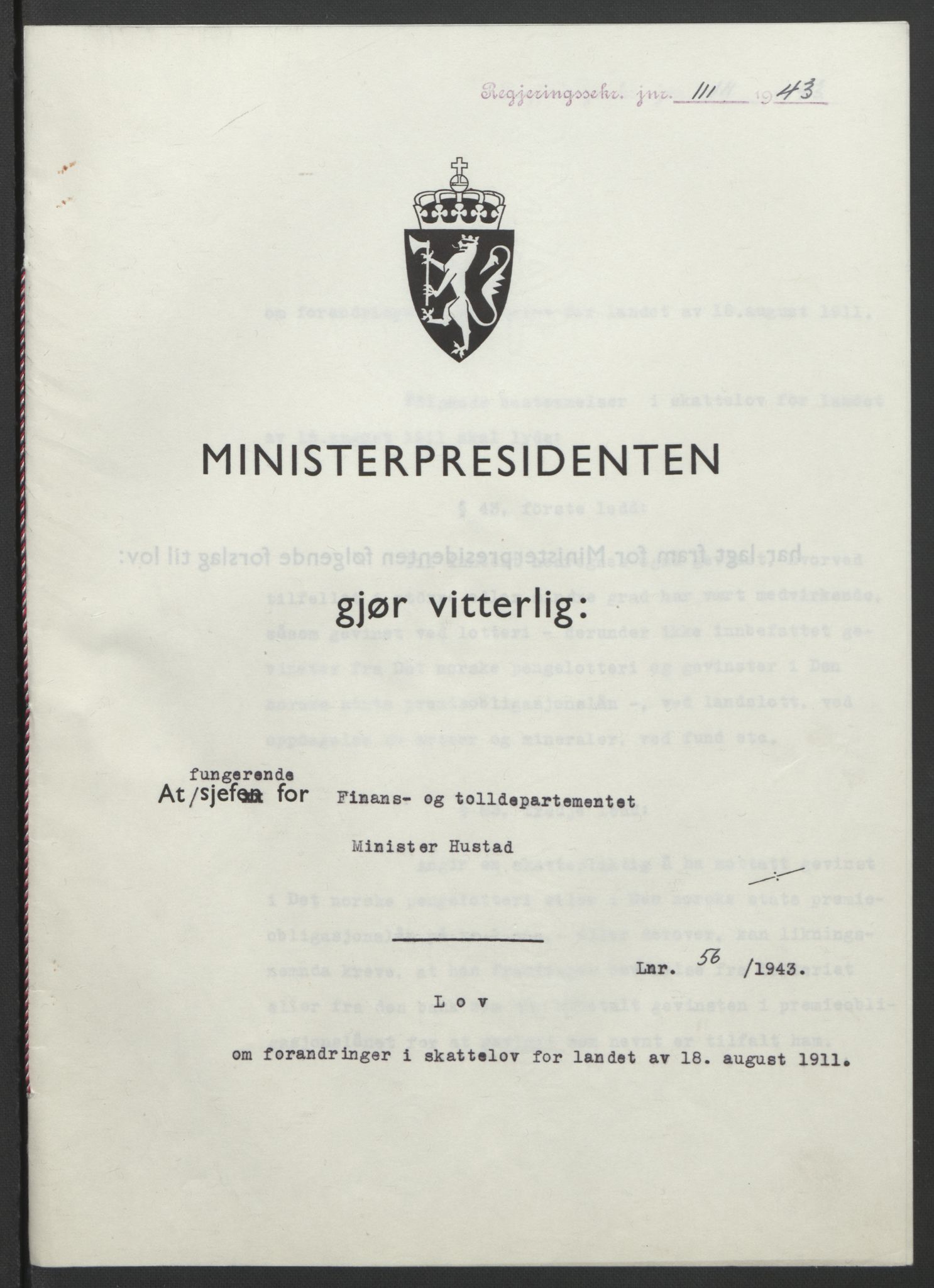 NS-administrasjonen 1940-1945 (Statsrådsekretariatet, de kommisariske statsråder mm), RA/S-4279/D/Db/L0099: Lover, 1943, s. 251